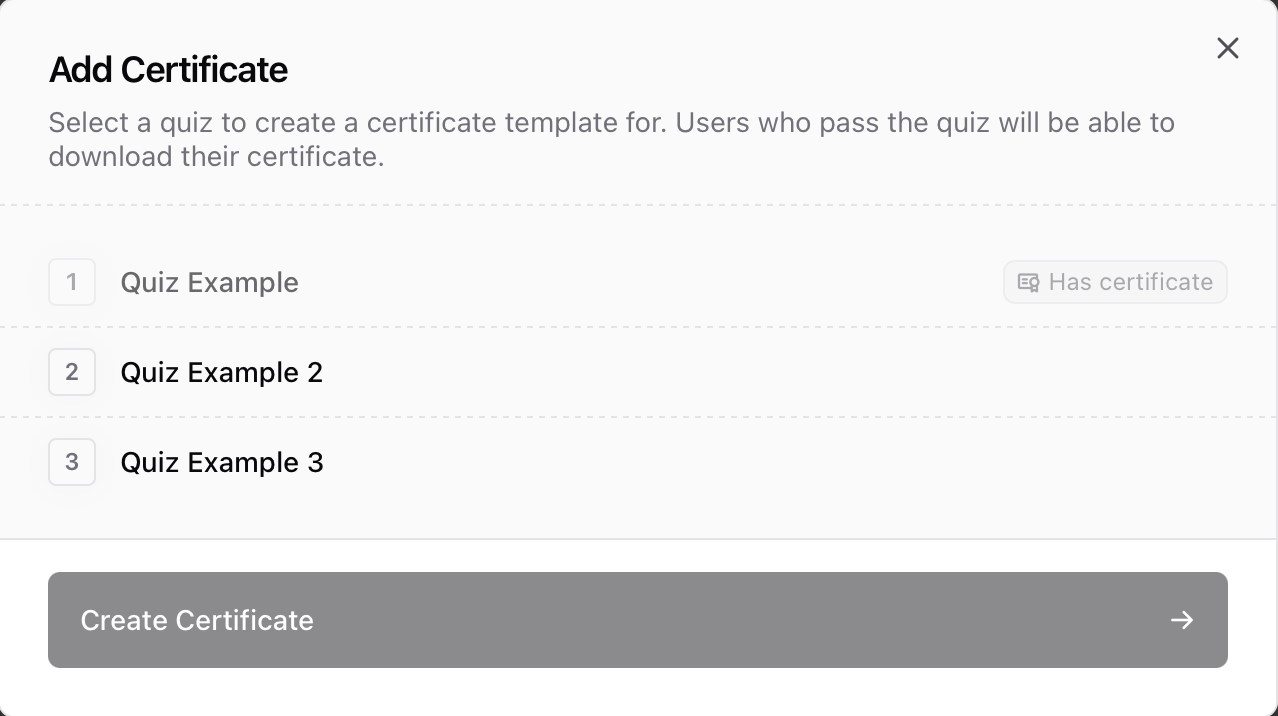 Add Certificate from Quizzes & certificates Quizzes & certificates dashboard with Add Certificate button