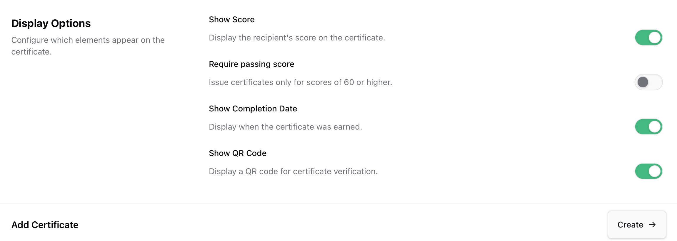 Display options Certificate display options with toggles for score, passing requirement, completion date, and QR code
