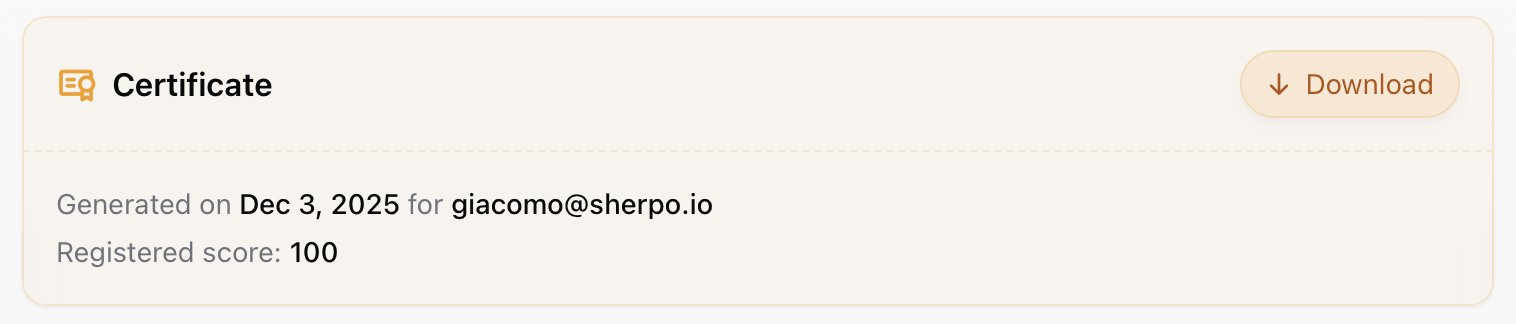 Generate certificate confirmation Generate certificate confirmation modal noting best score is recorded and the action is irreversible