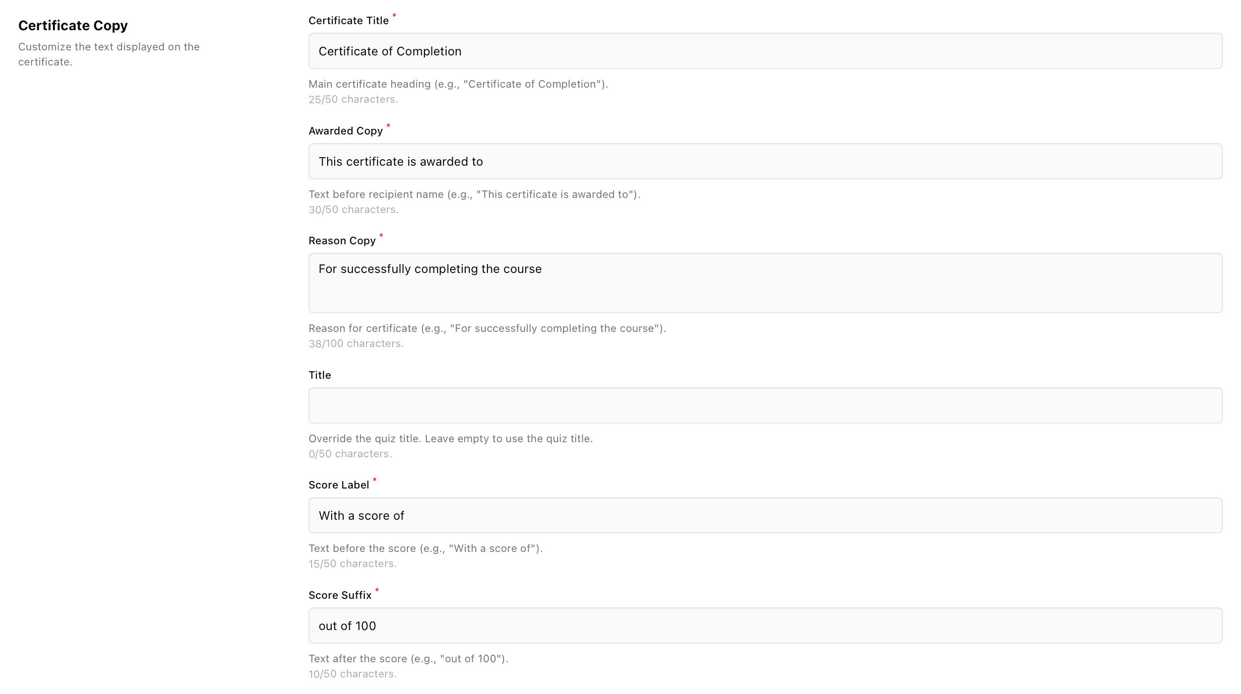 Certificate copy Certificate editor with fields for certificate title, awarded copy, reason copy, optional title override, and score labels