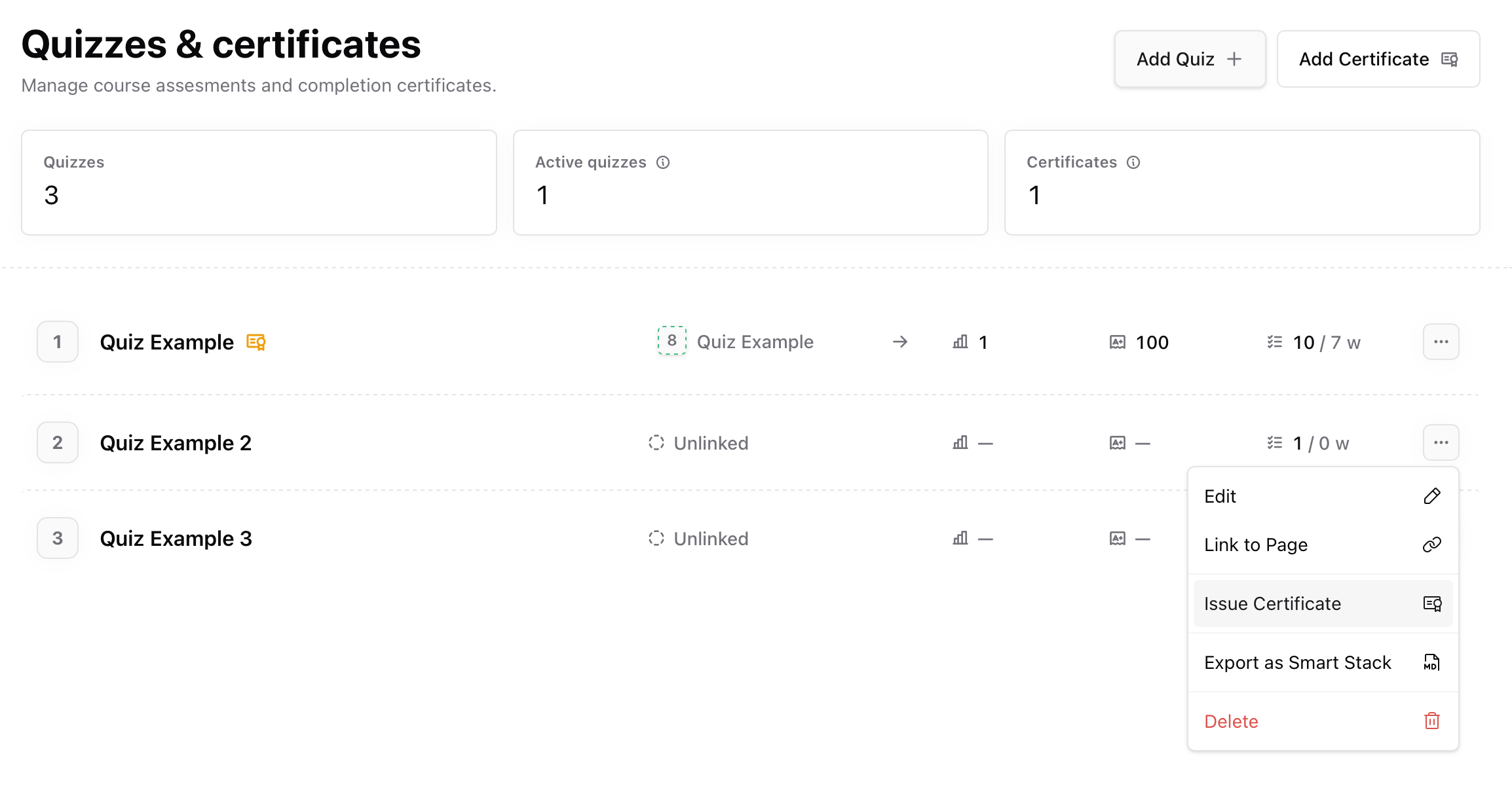 Issue certificate from a quiz Quiz action menu showing Issue Certificate