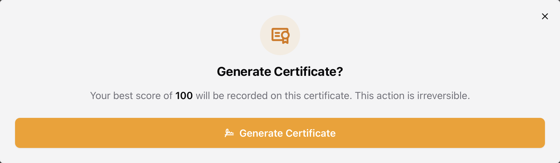 Certificate download Certificate panel showing generated date, recipient, registered score, and a download button