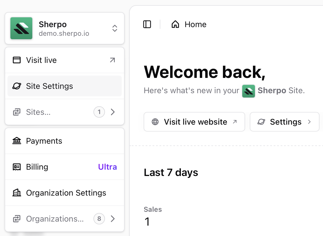 Site Settings Site settings interface inside Sherpo Dash
