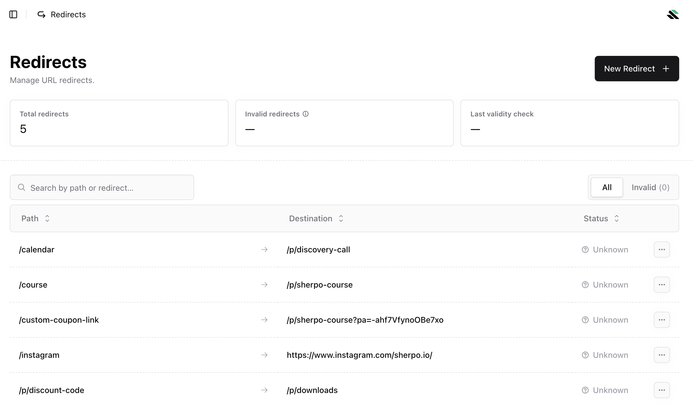 Redirects overview Redirects overview from Sherpo's dashboard