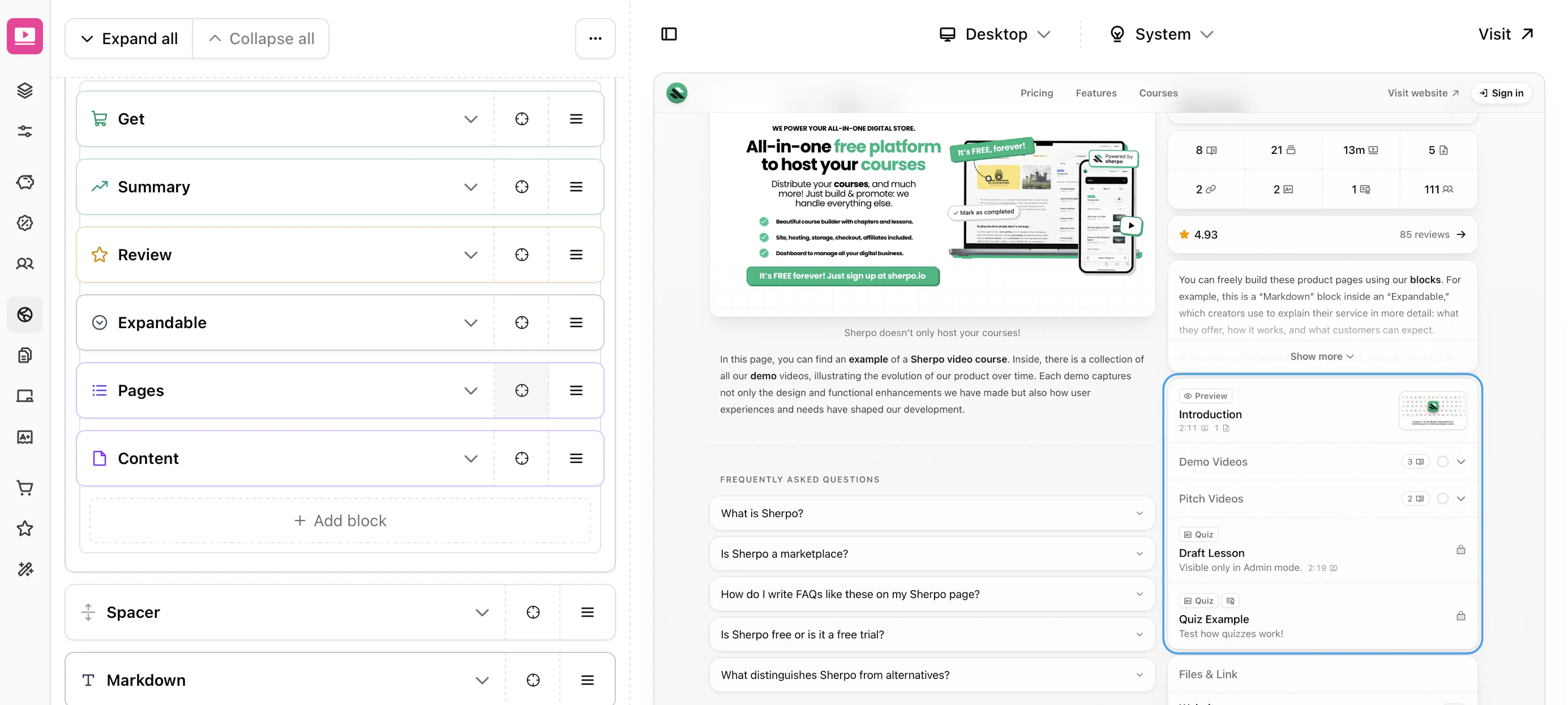 Lesson actions menu Lesson actions menu in Sherpo Courses
