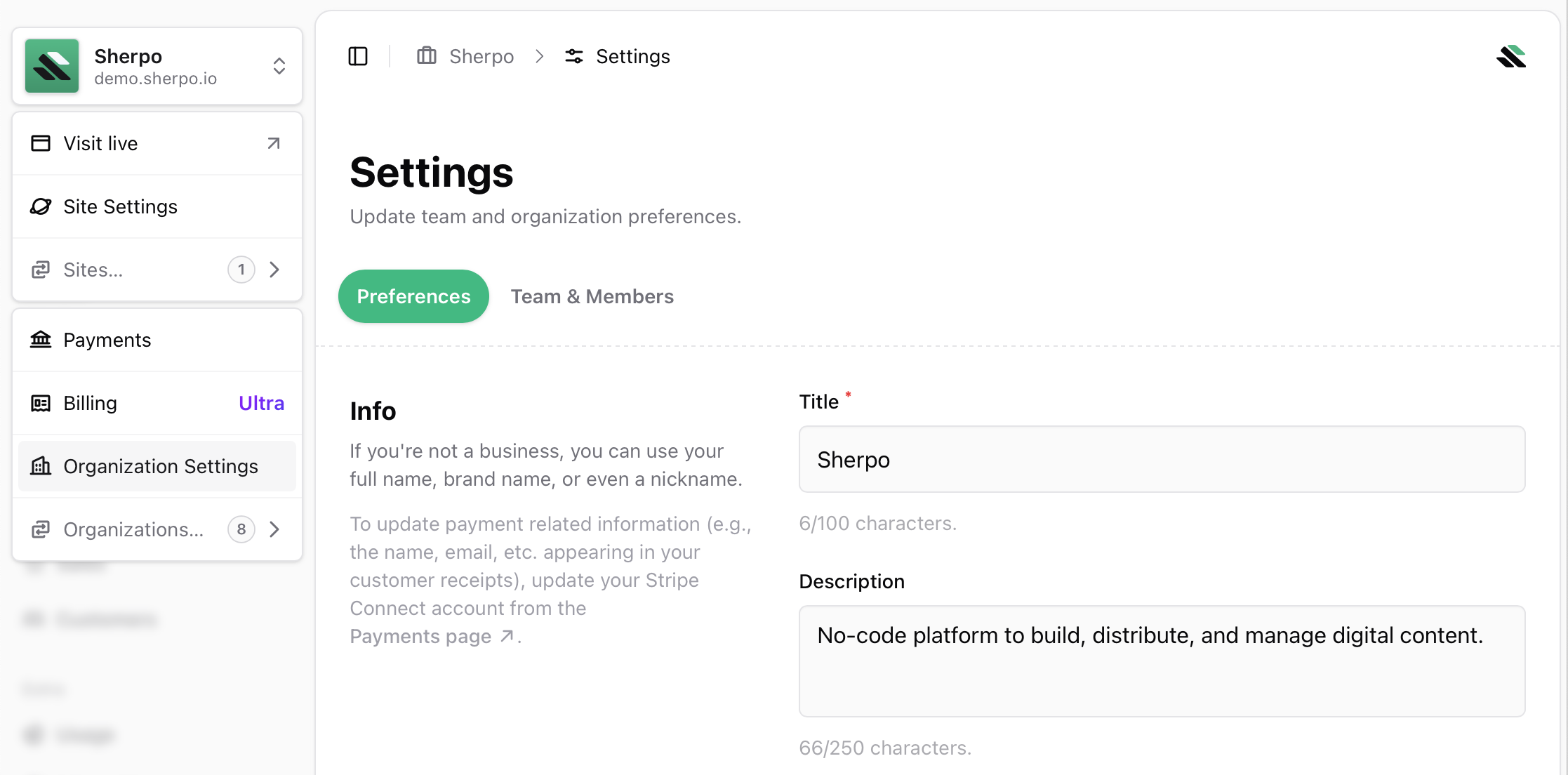 Organization settings Edit organization settings on Sherpo's Dashboard