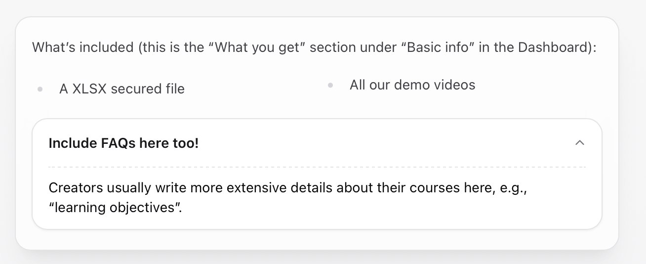 What you get section Unlocked What you get with bullets and FAQs