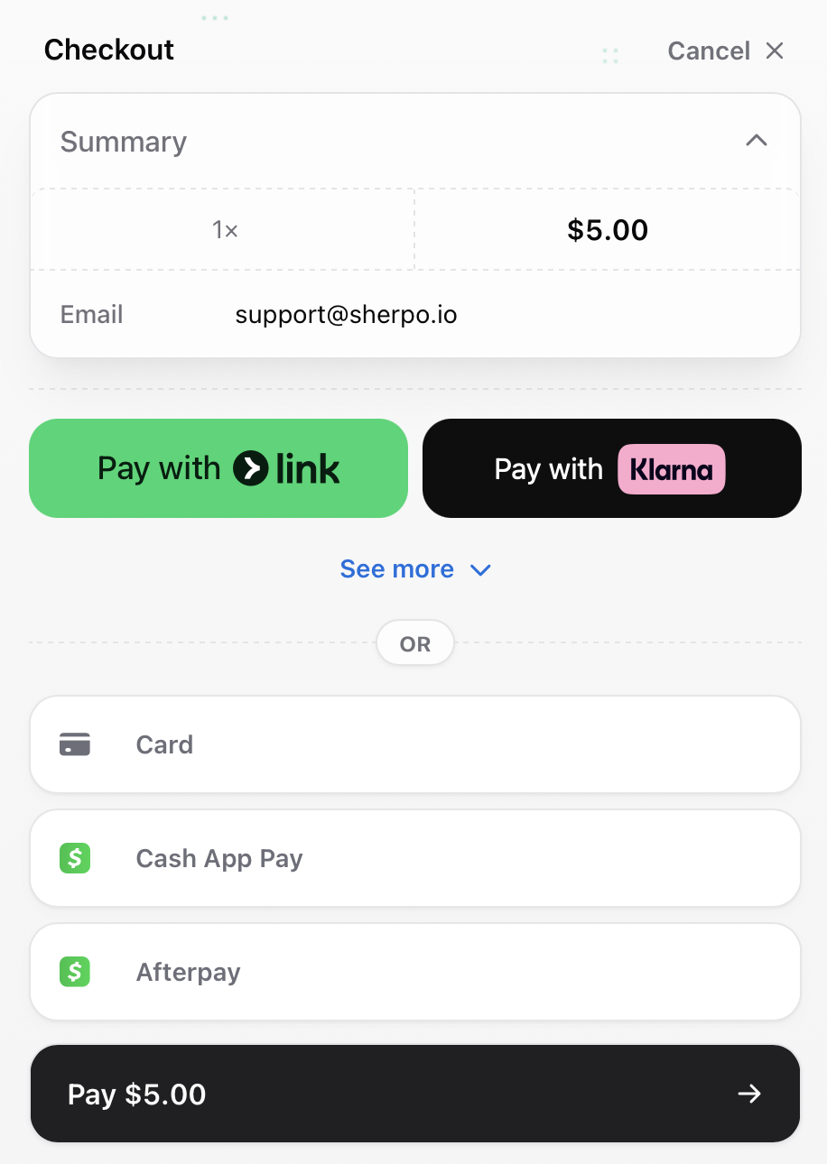 Sherpo checkout options Sherpo checkout payment methods for Goals