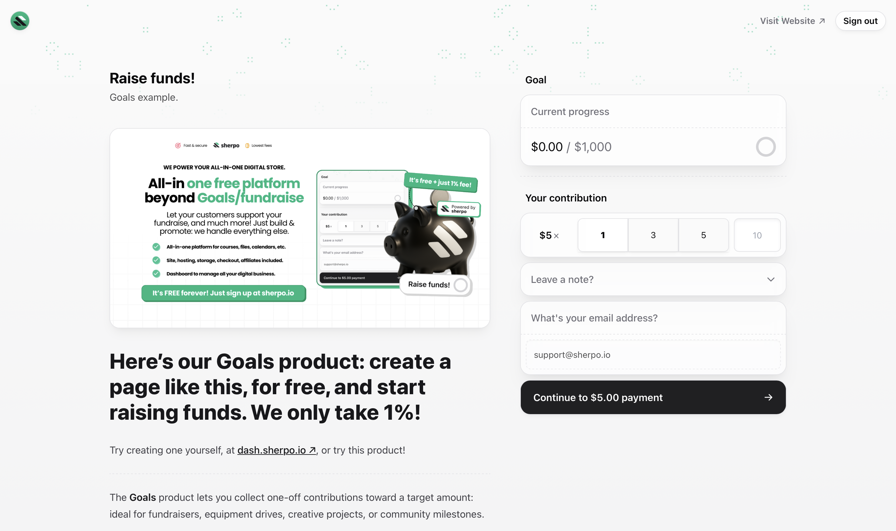 Example Goals product page Example of a live Sherpo Goals fundraising page