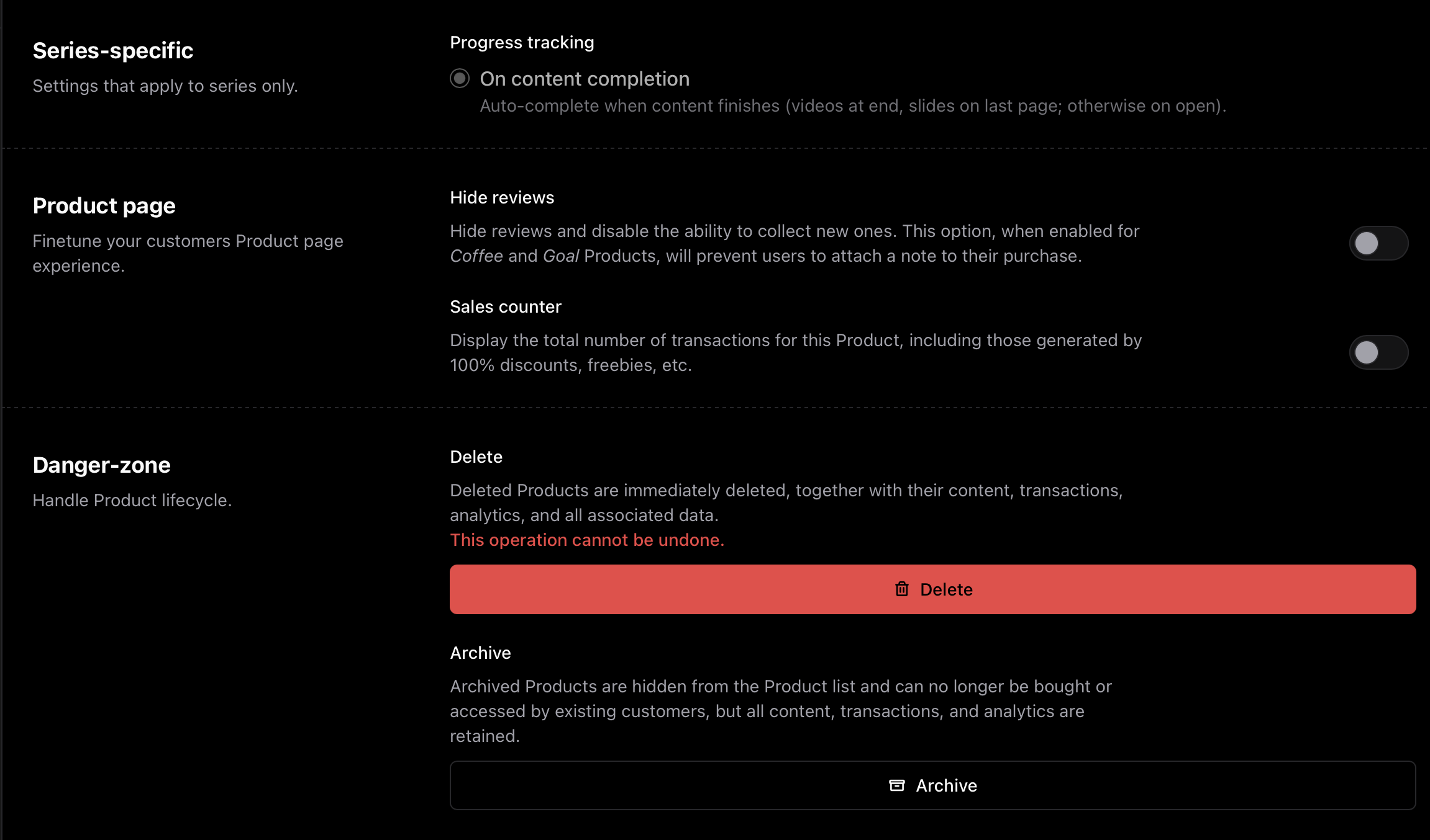 Series settings Series-specific settings