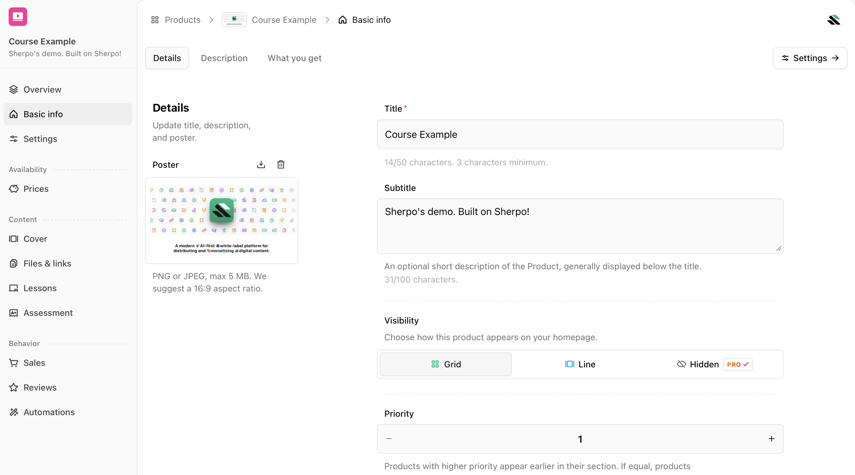 Basic info Basic info tab inside Sherpo Dash