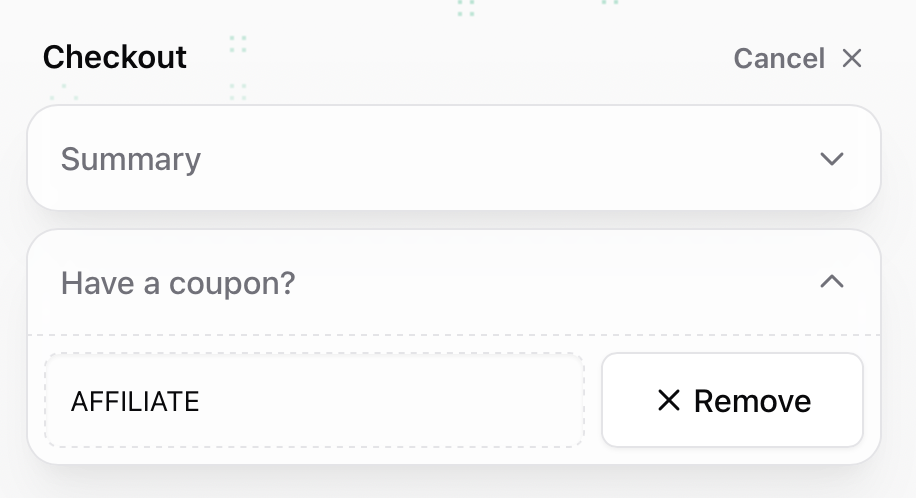 Coupon input Coupon input toggle in checkout