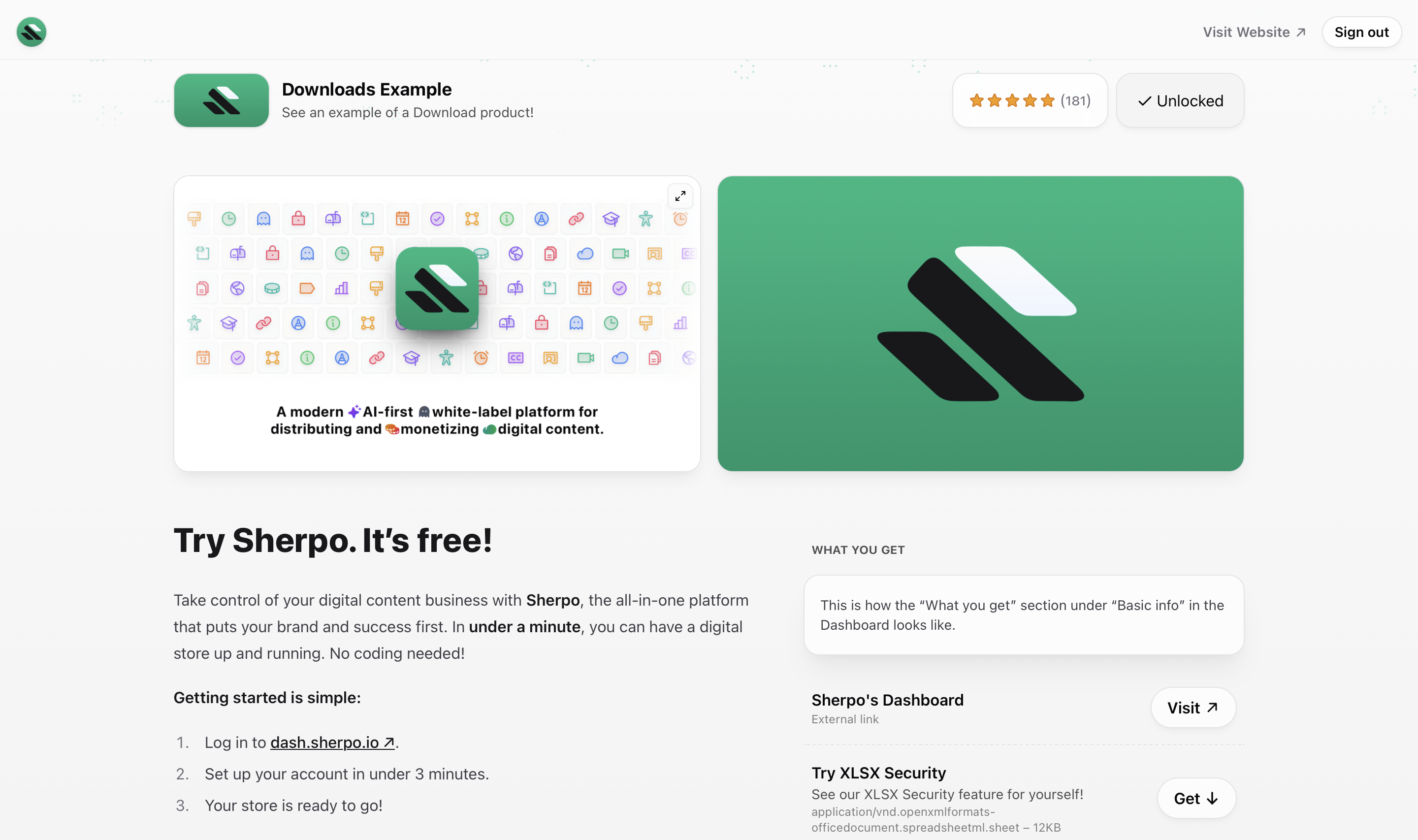 Example Download product page Example of a Download product page in Sherpo