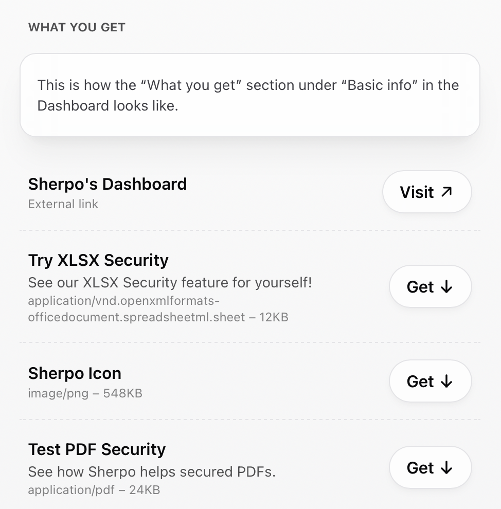 'What you get' section after unlocking Example of unlocked 'What you get' section in Sherpo Download product