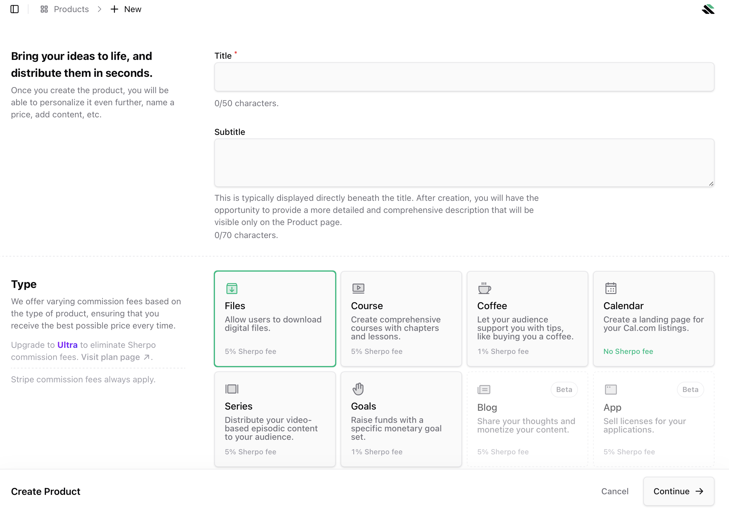 Products creation Product creation inside Sherpo Dash