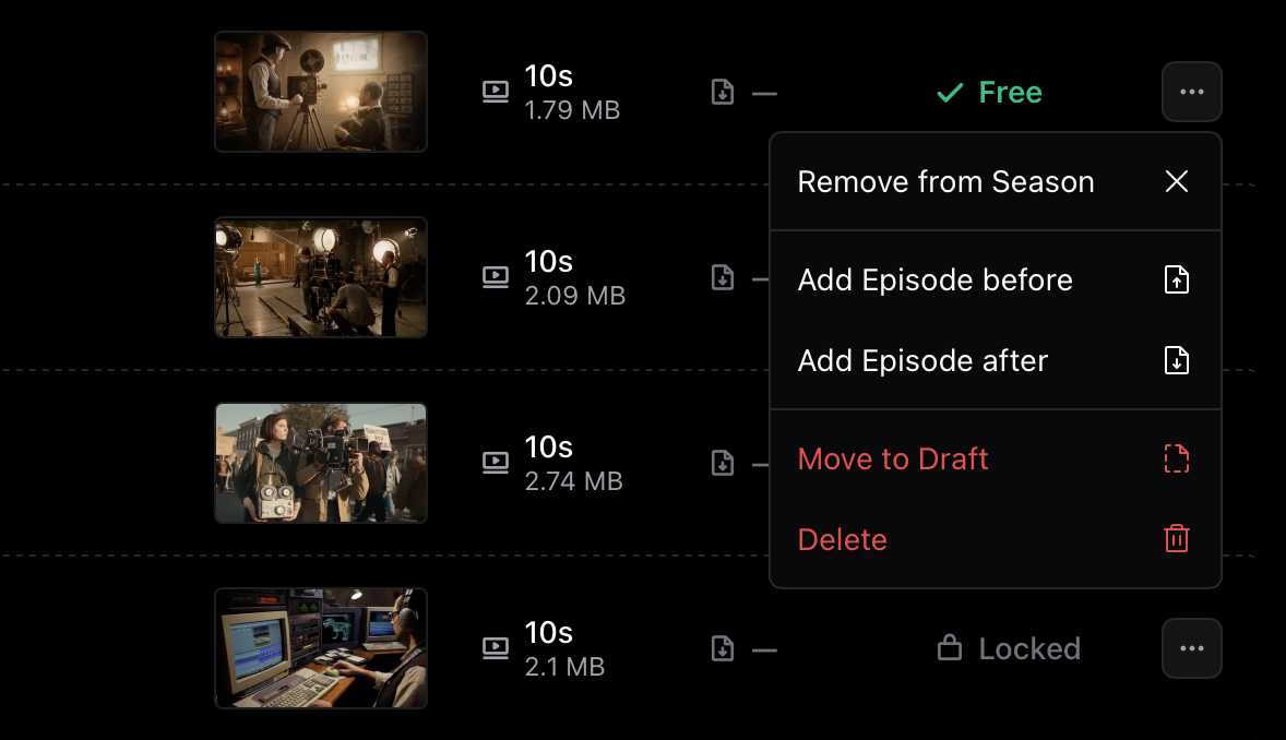 Episode actions menu Episode actions menu