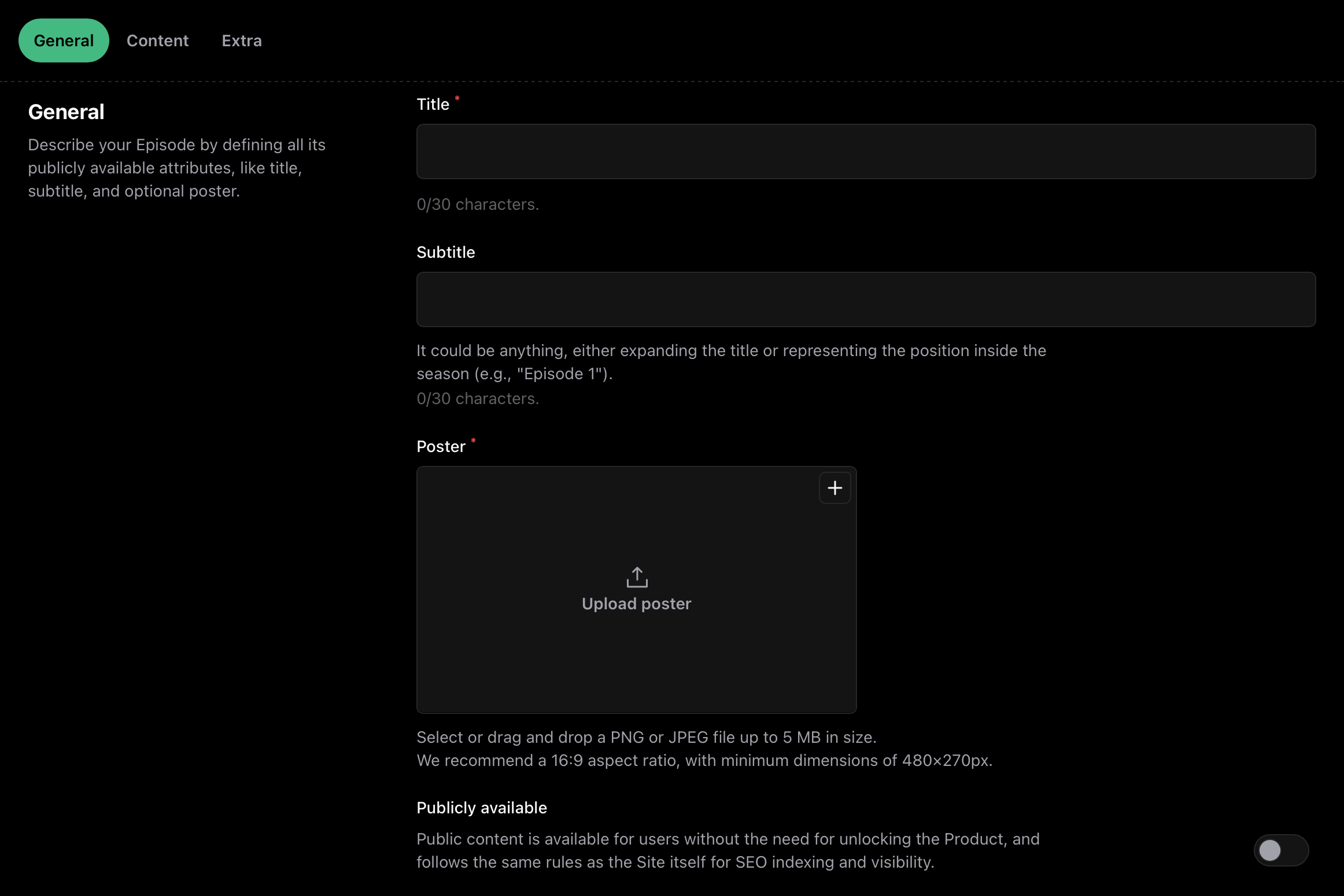 Episode general tab Episode general settings tab