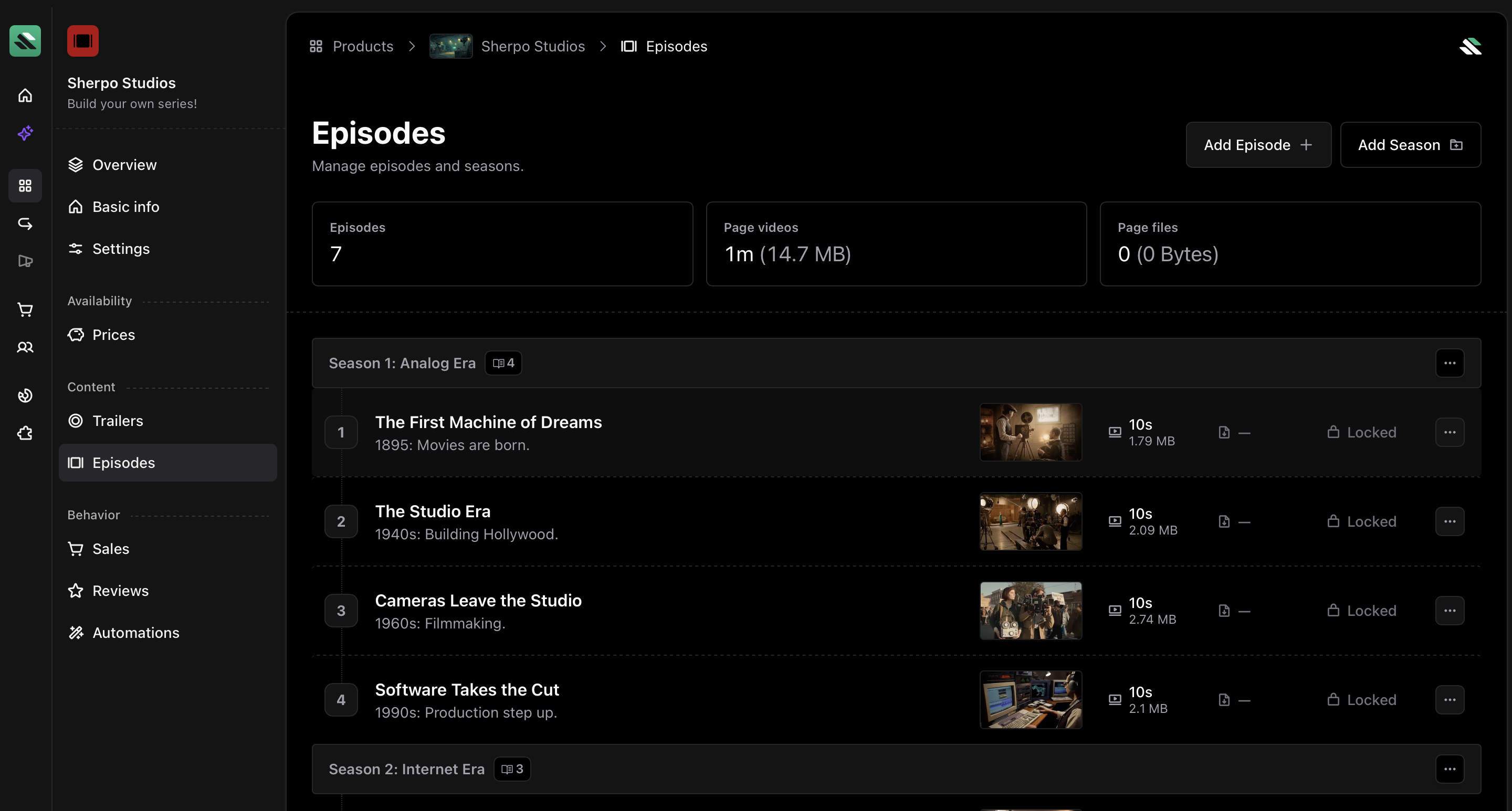 Episodes overview Episodes management inside Sherpo dashboard