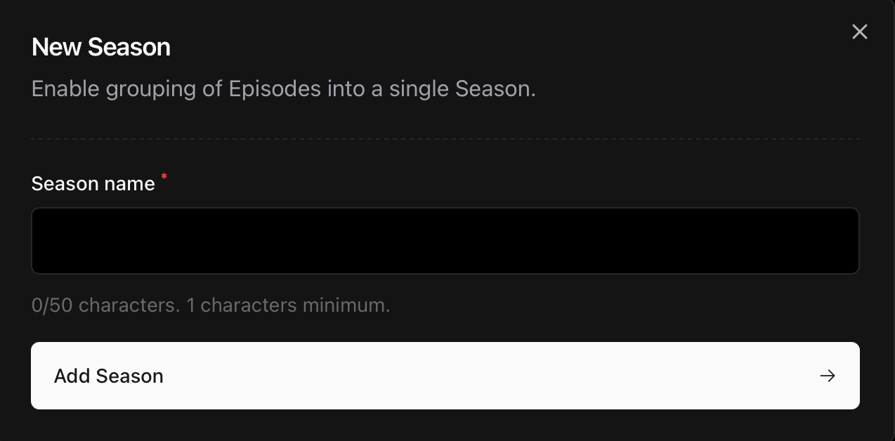 Adding a new season Add Season modal in Sherpo