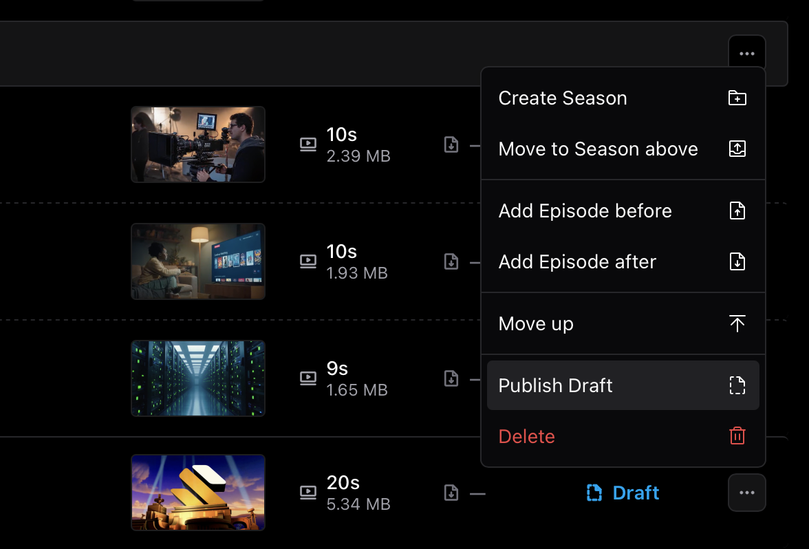 Publish draft Episode actions menu including publish draft