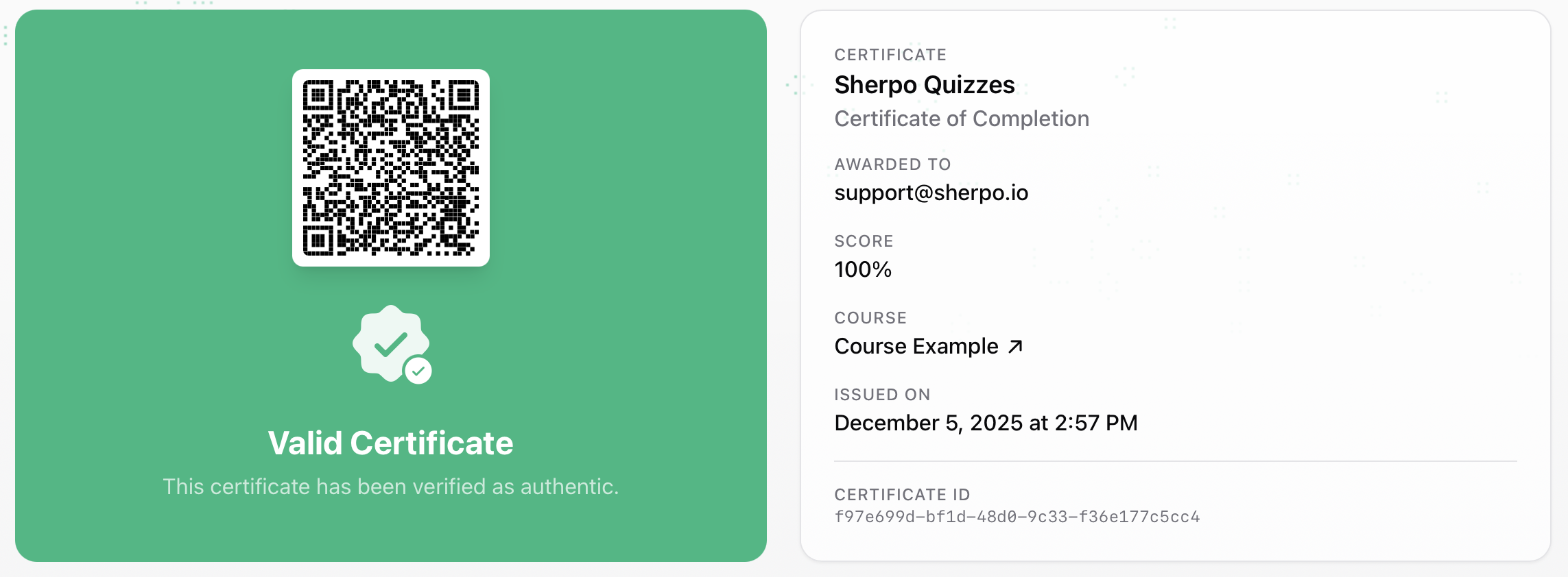 Certificate verification Certificate verification page showing valid certificate status and certificate details