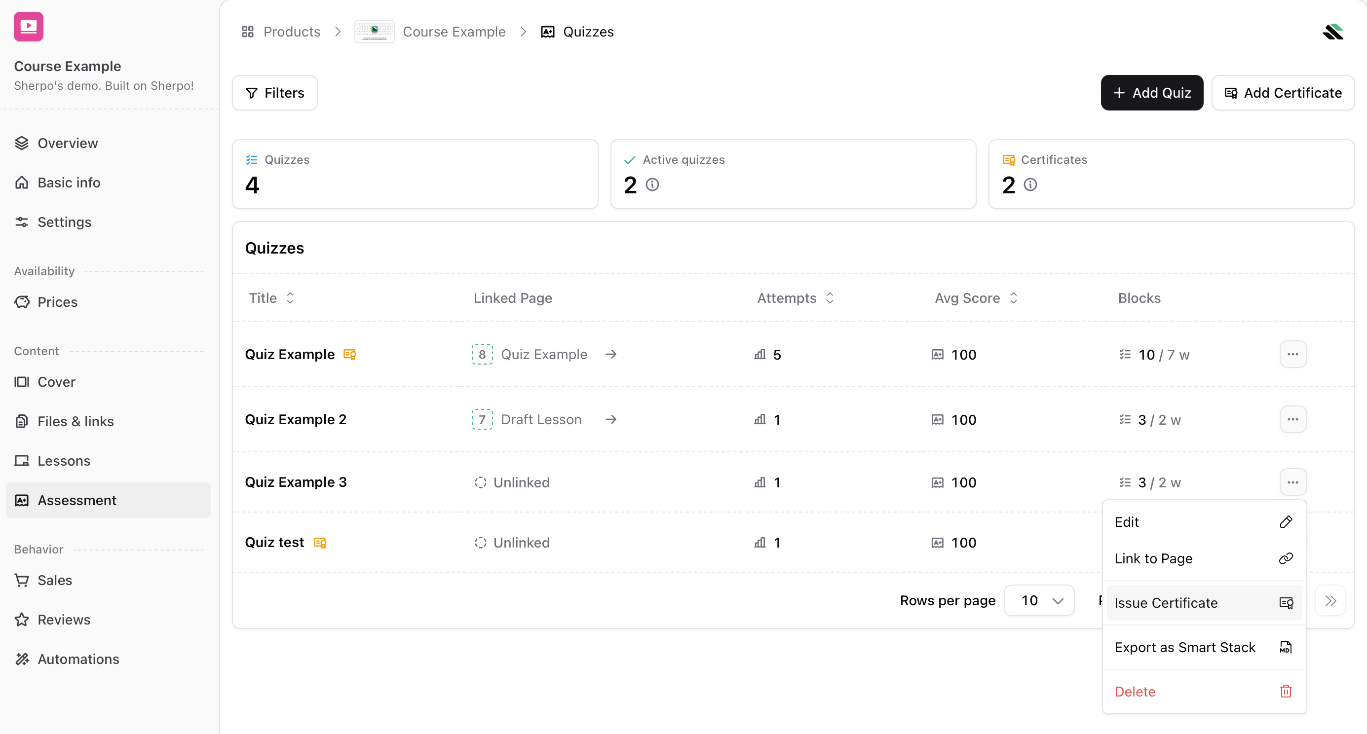 Issue certificate from a quiz Quiz action menu showing Issue Certificate