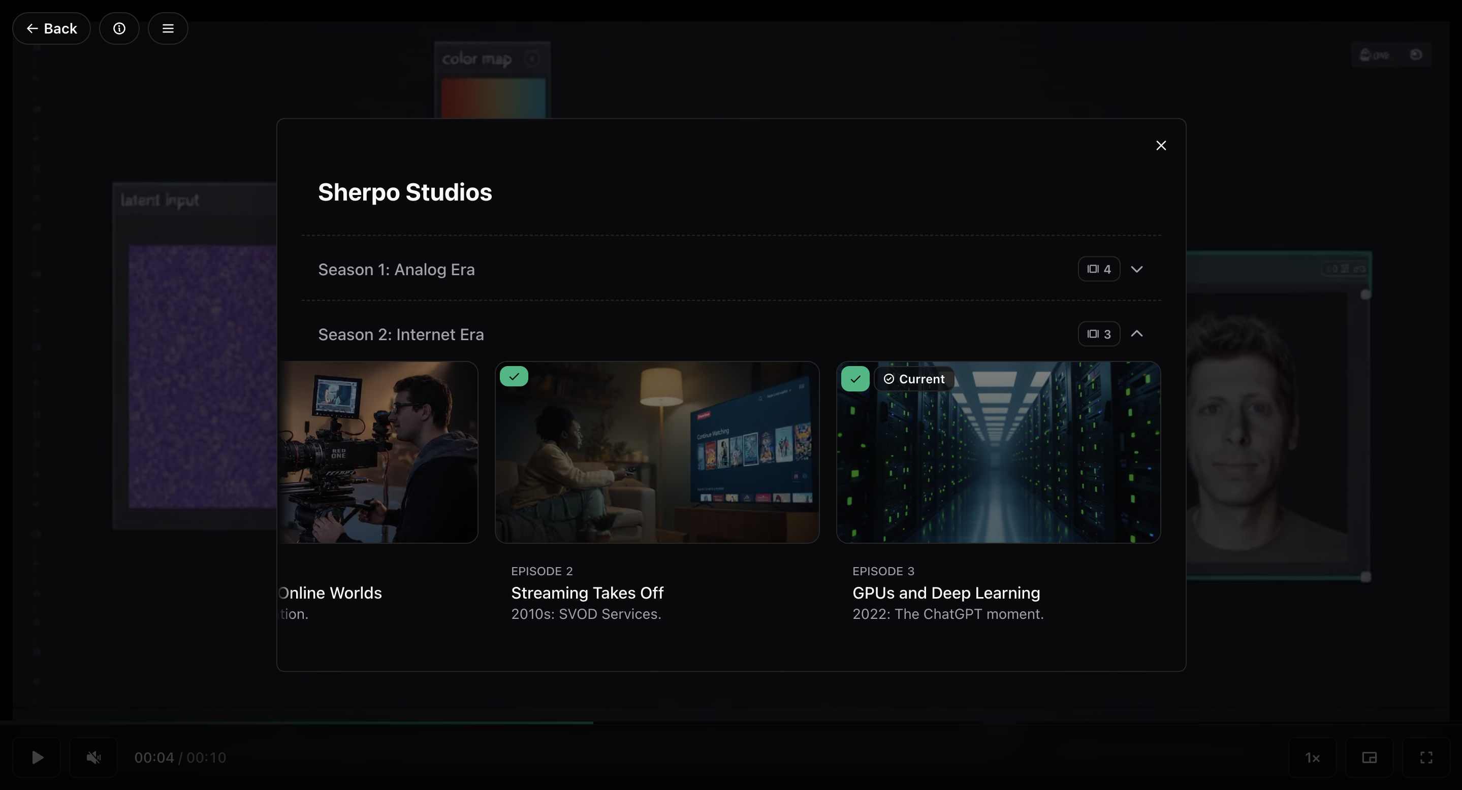 Seasons and episodes inside player In-player season and episode navigation panel