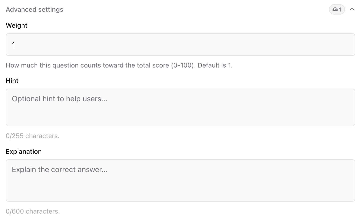 Question advanced settings Advanced settings for a quiz question with weight, hint, and explanation