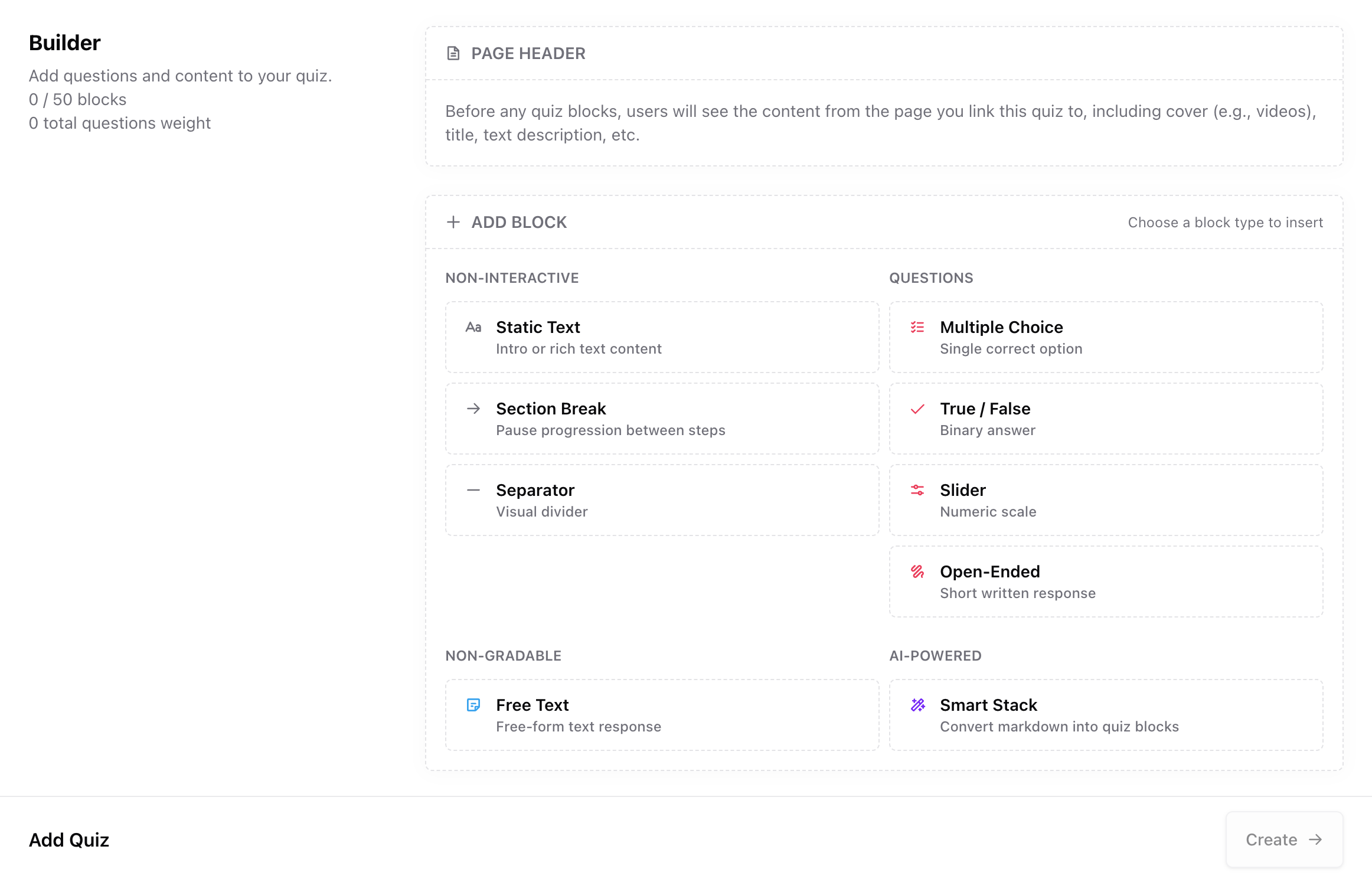 Quiz builder Quiz builder showing available block types for quizzes
