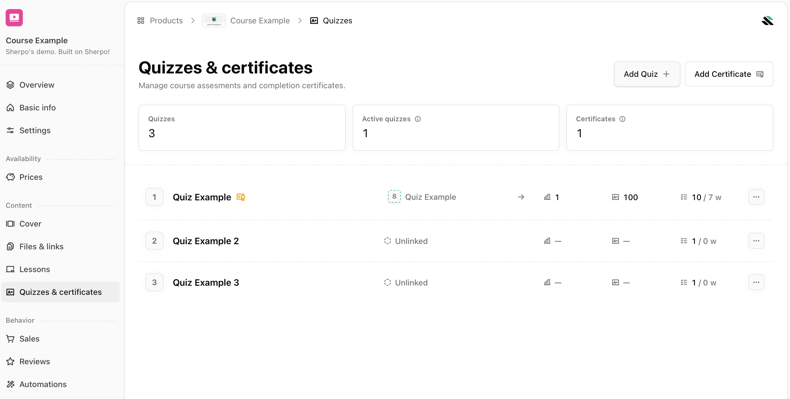 Quizzes dashboard Quizzes list inside a Course product