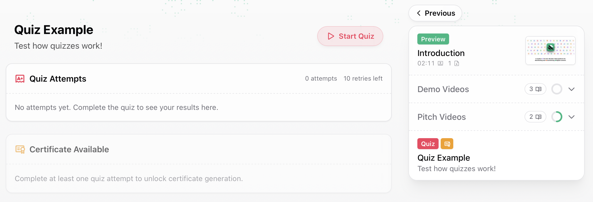 Quiz before starting Quiz page before starting, showing attempts area