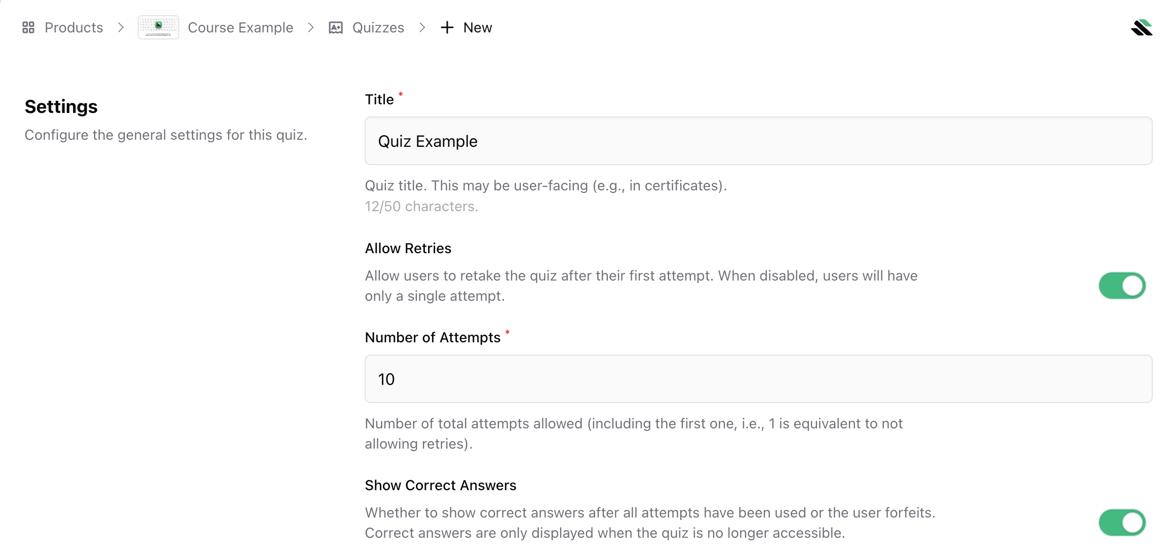 Quiz settings Quiz settings with title, retries, and show correct answers