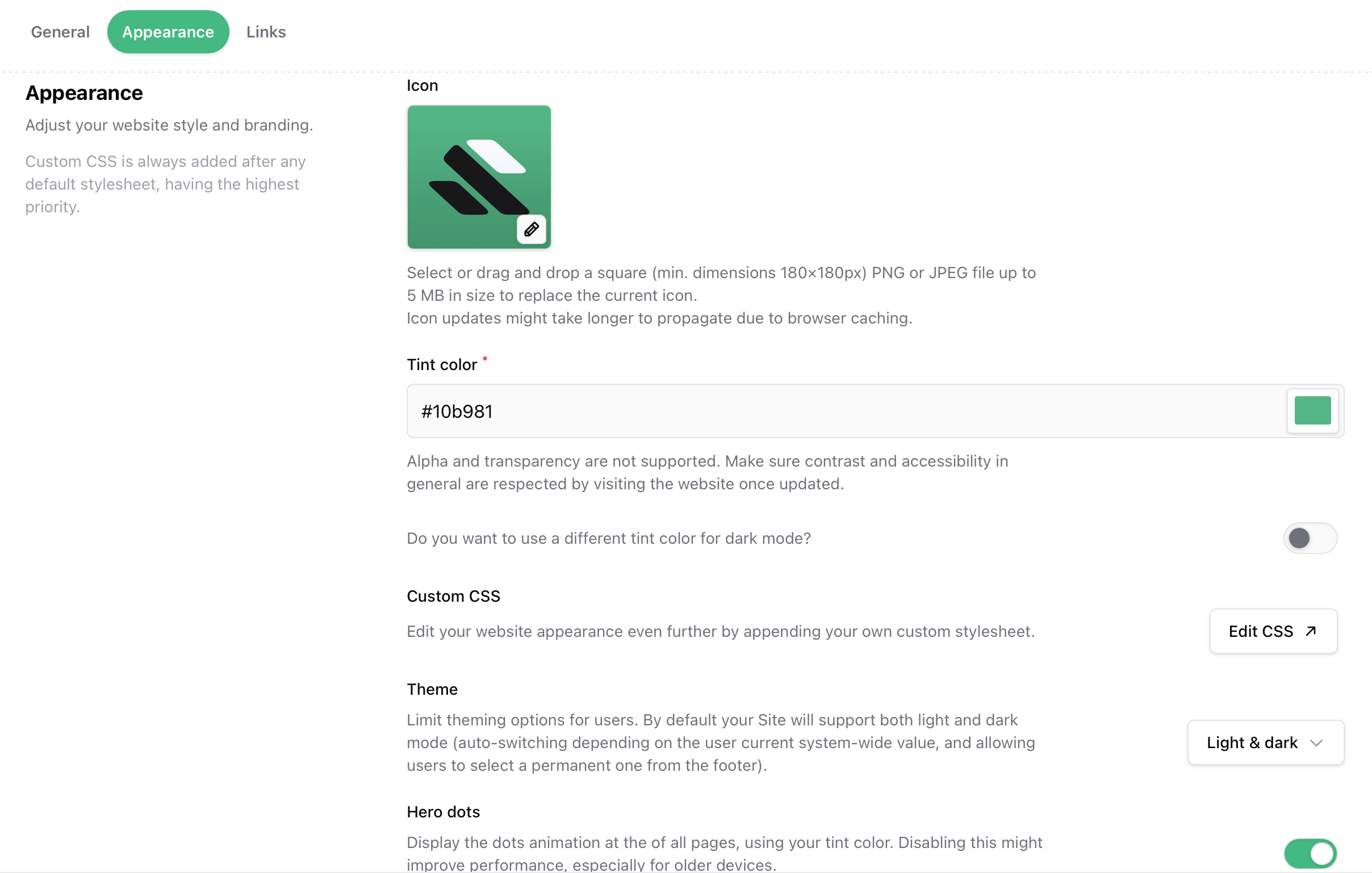 Branding and appearance Appearance tab with icon, tint color, theme, and CSS options