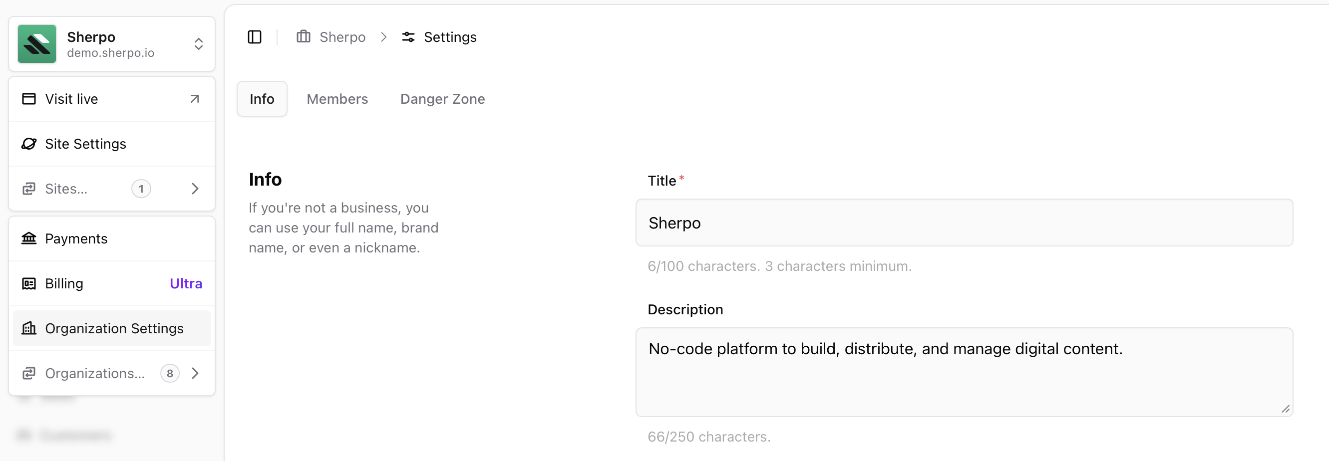Organization settings Organization settings entry point in Sherpo Dashboard