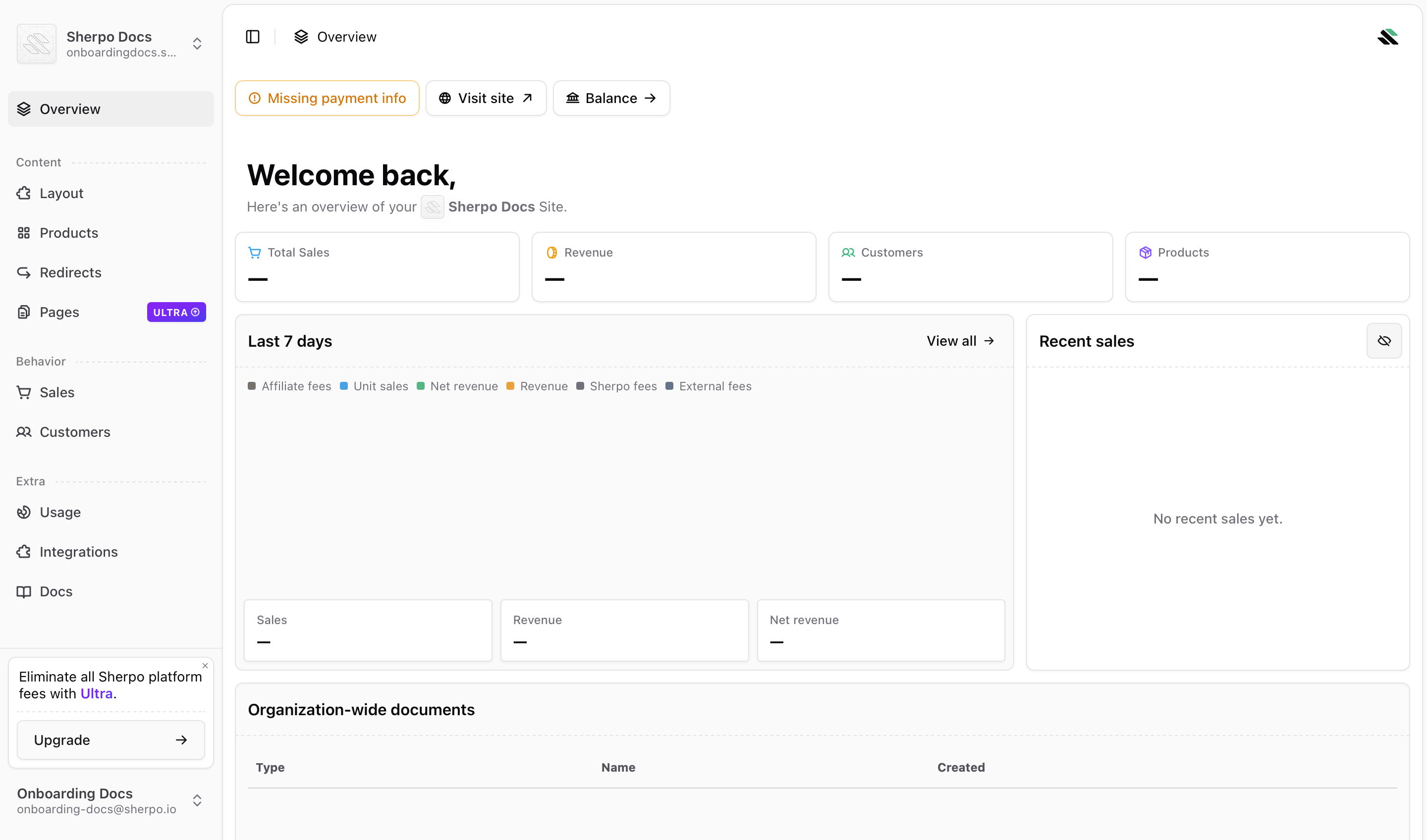 Dashboard overview Sherpo dashboard overview after onboarding is completed