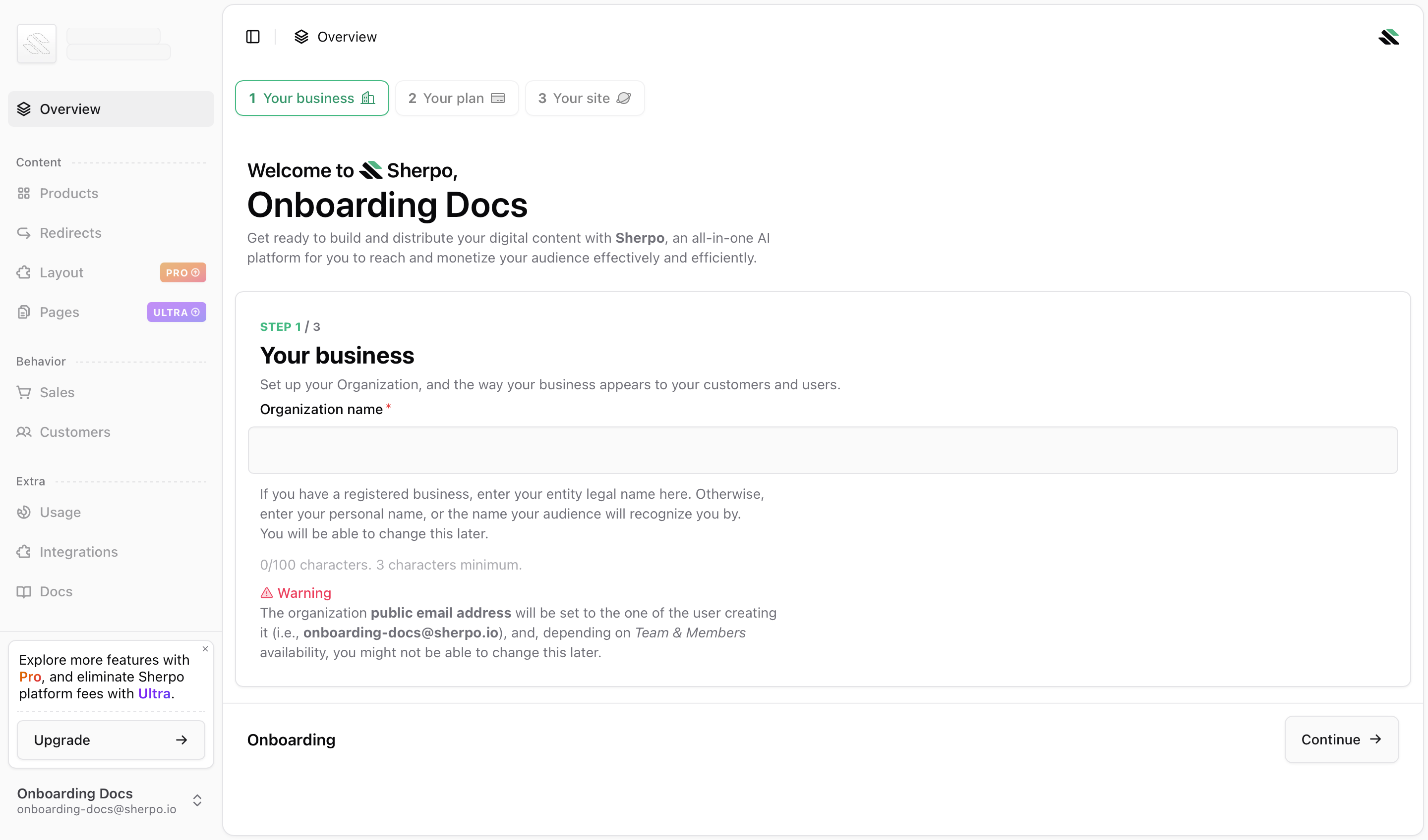 Your business Onboarding step 1 showing the Your business screen