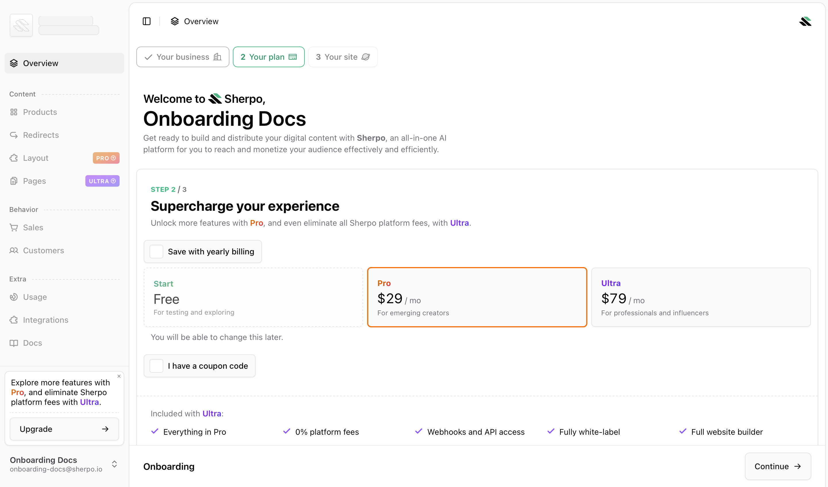 Your plan Onboarding step 2 showing the Your plan screen