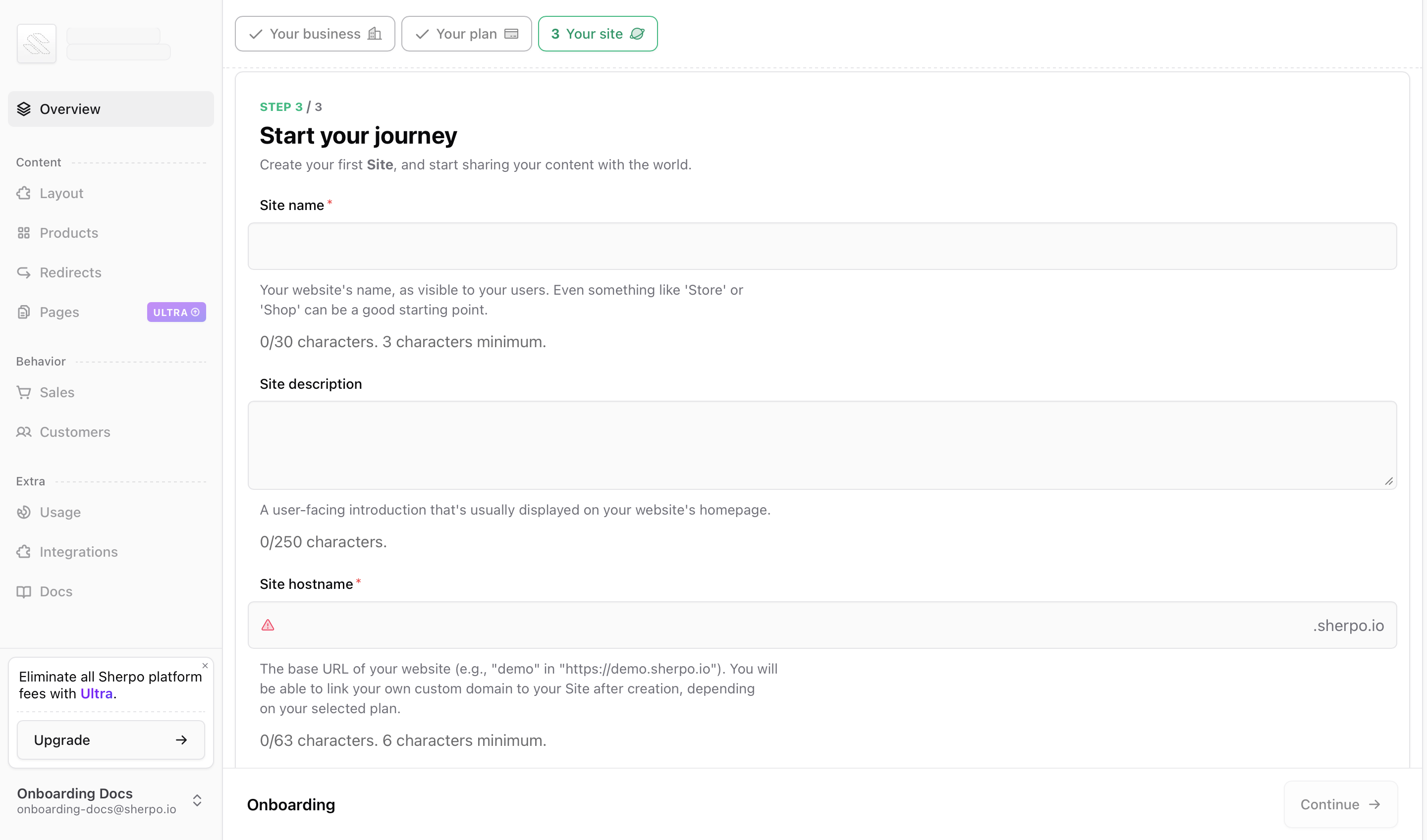 Choose your hostname Step 3 screen showing the site hostname field with .sherpo.io