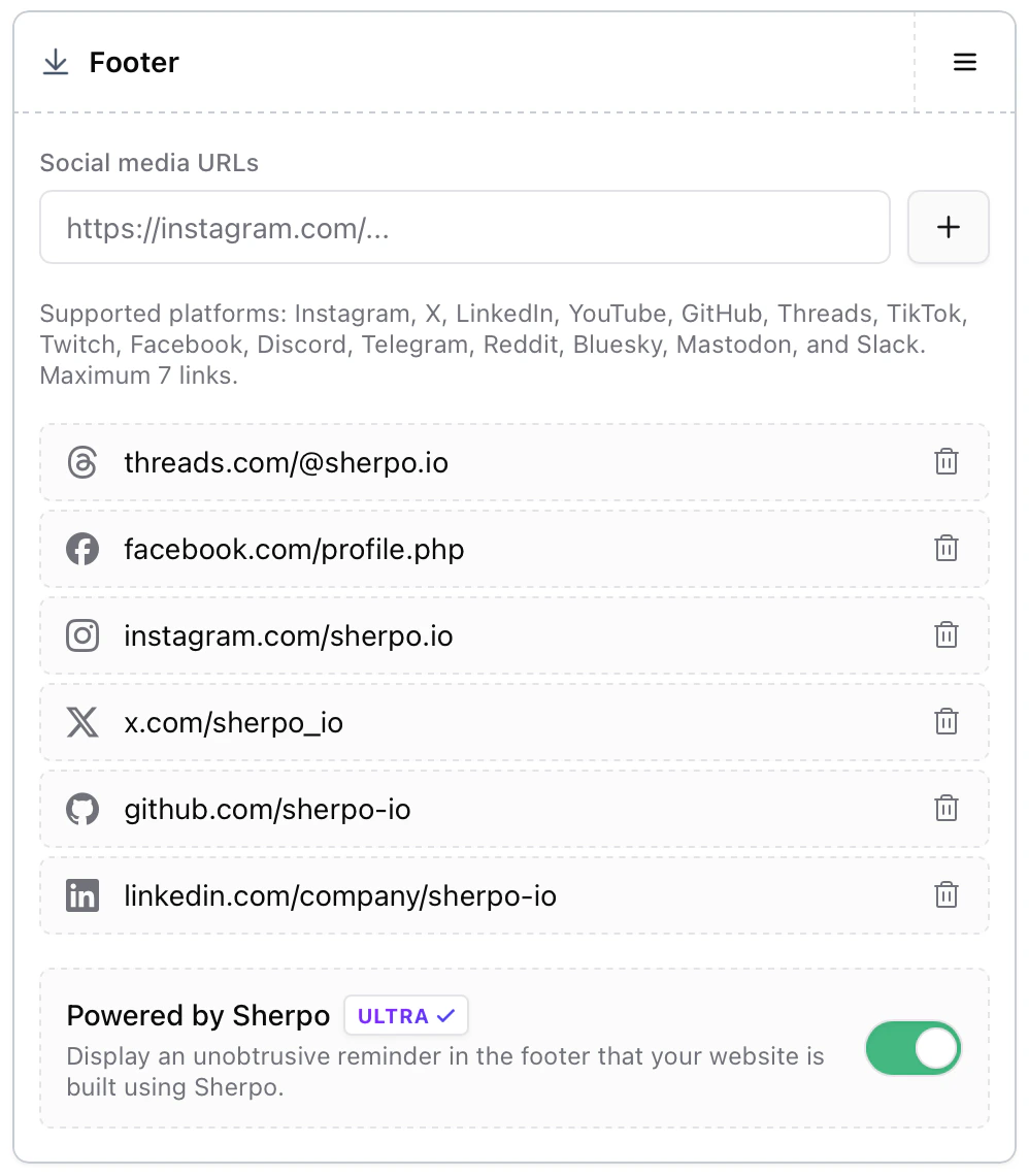 Footer settings Footer configuration panel