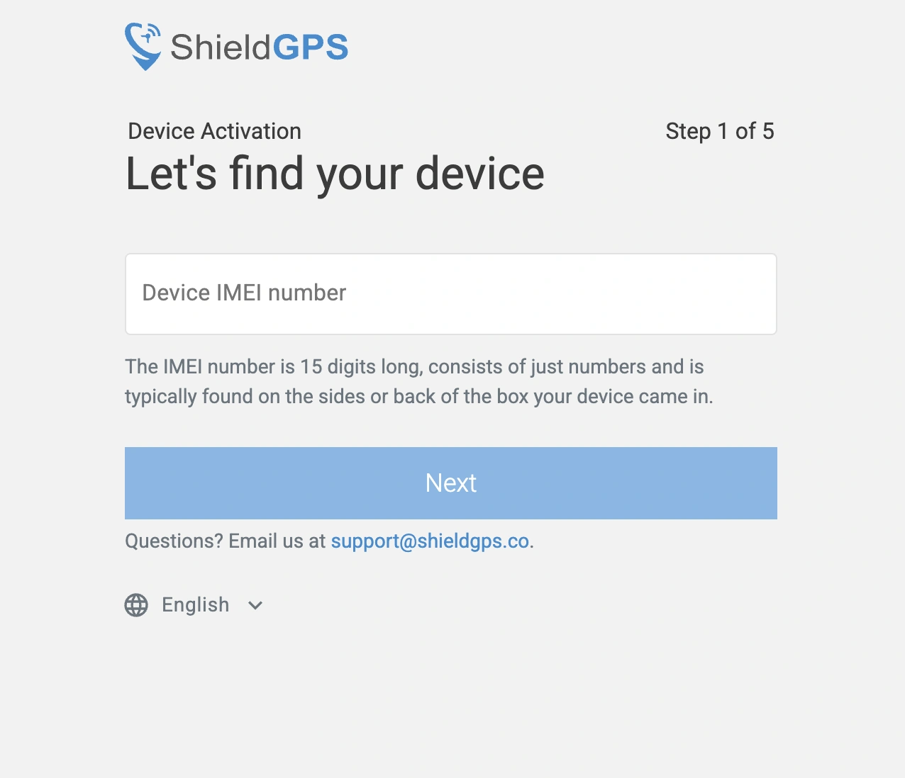 ShieldGPS device activation screen asking for a 15-digit IMEI number