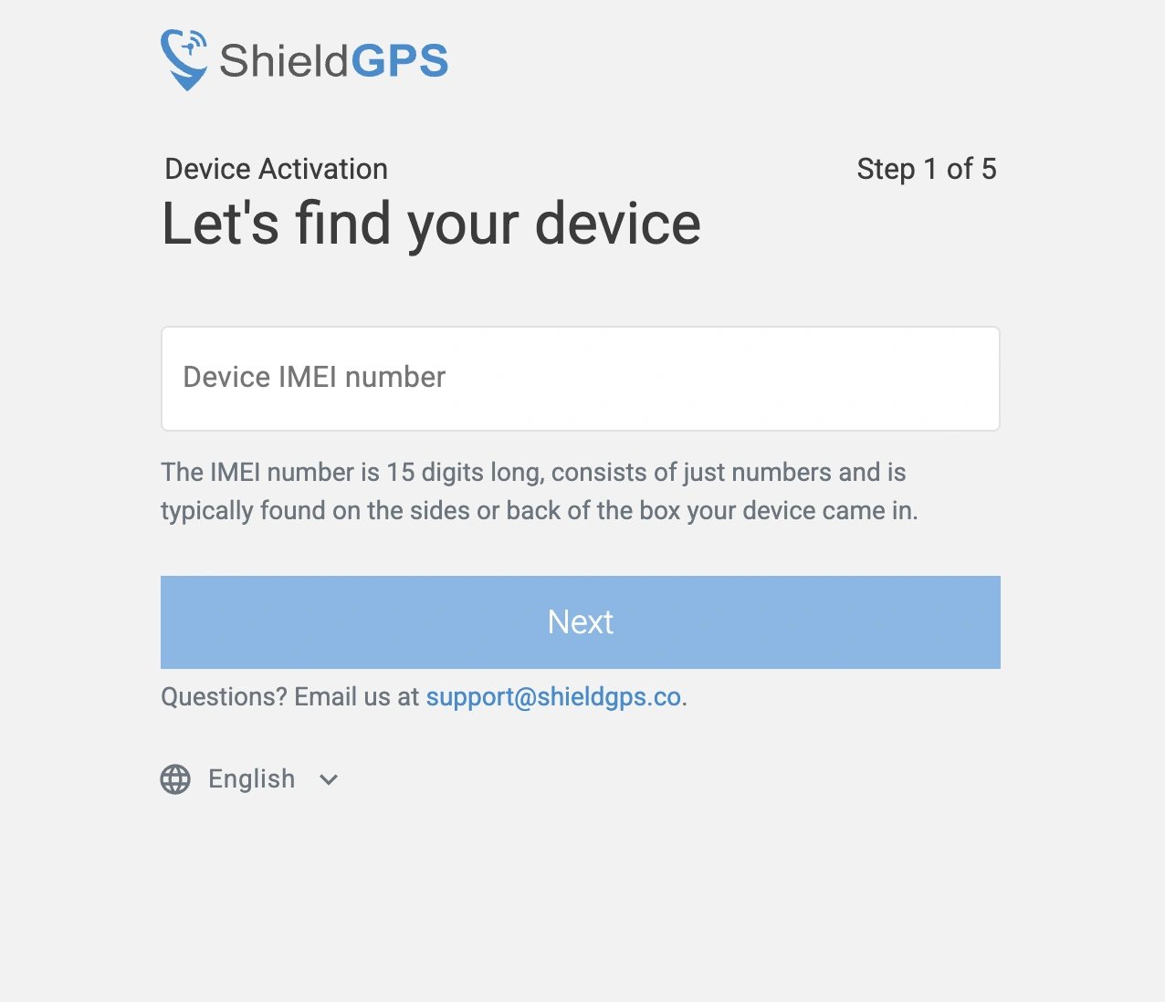 ShieldGPS device activation screen asking for a 15-digit IMEI number