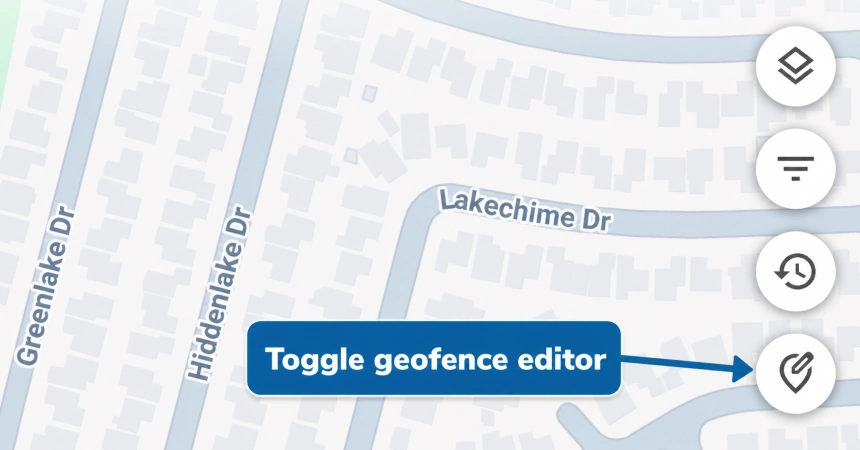 ShieldGPS map controls with an annotation pointing to the geofence editor button