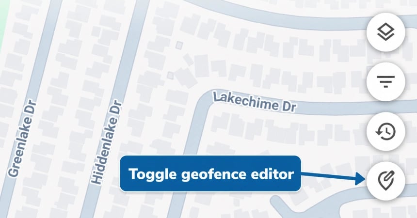 ShieldGPS map controls with an annotation pointing to the geofence editor button