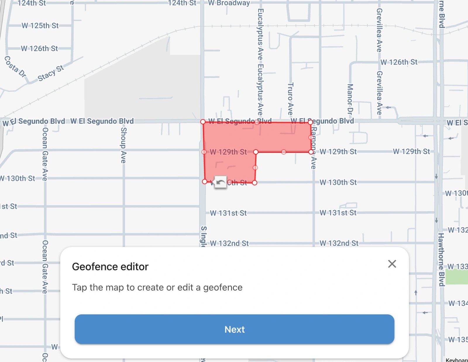 ShieldGPS geofence editor showing a custom boundary being drawn on the map