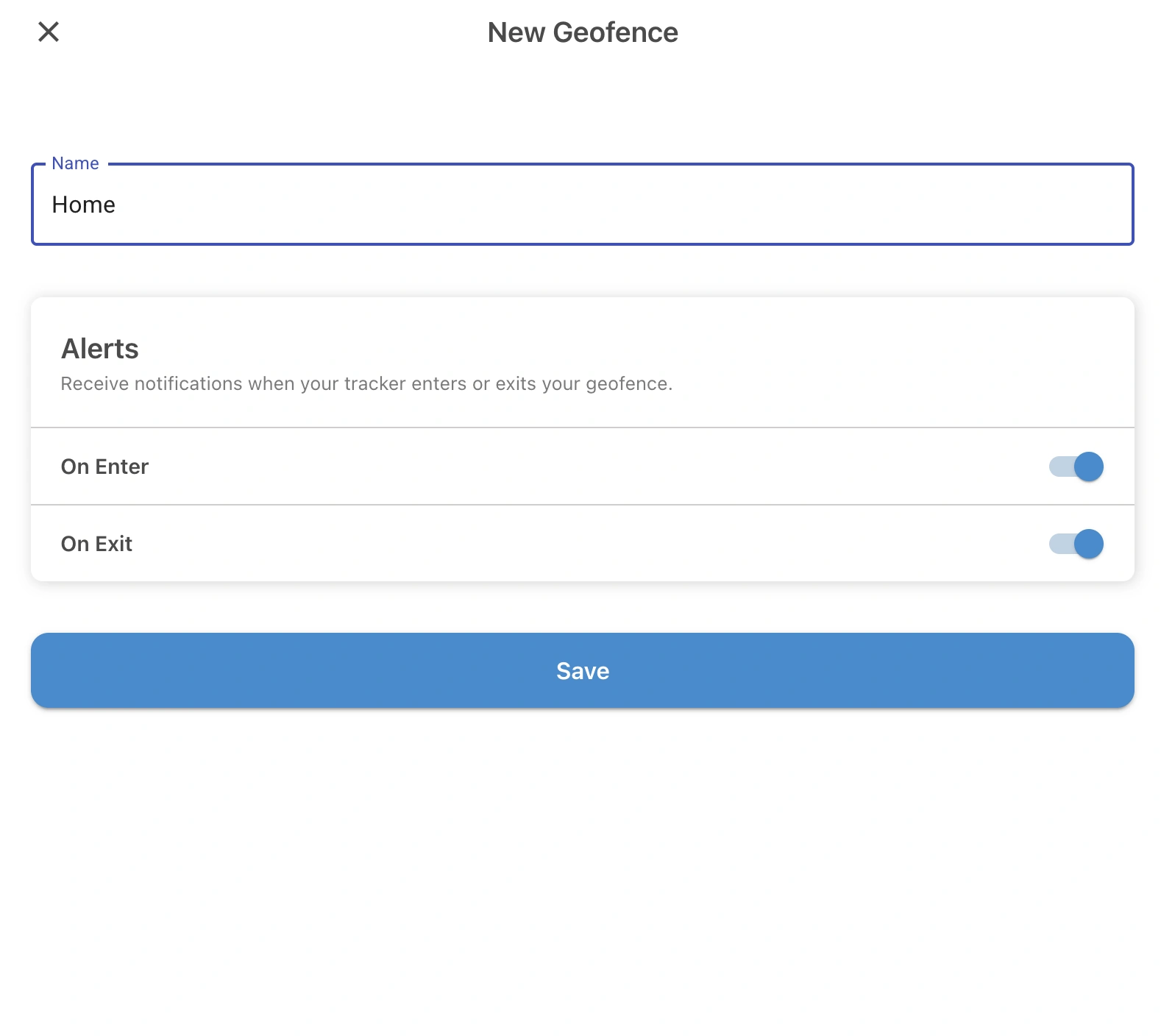 ShieldGPS new geofence form showing the name field, entry and exit alert settings, and Save button