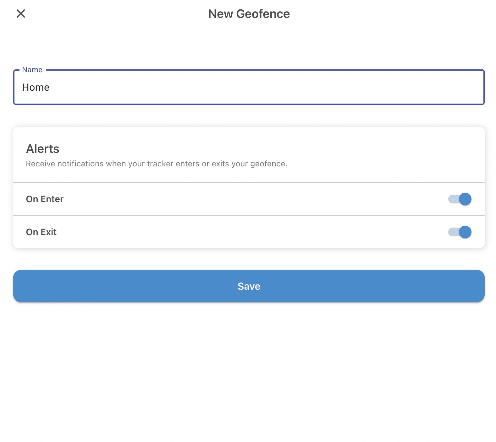 ShieldGPS new geofence form showing the name field, entry and exit alert settings, and Save button