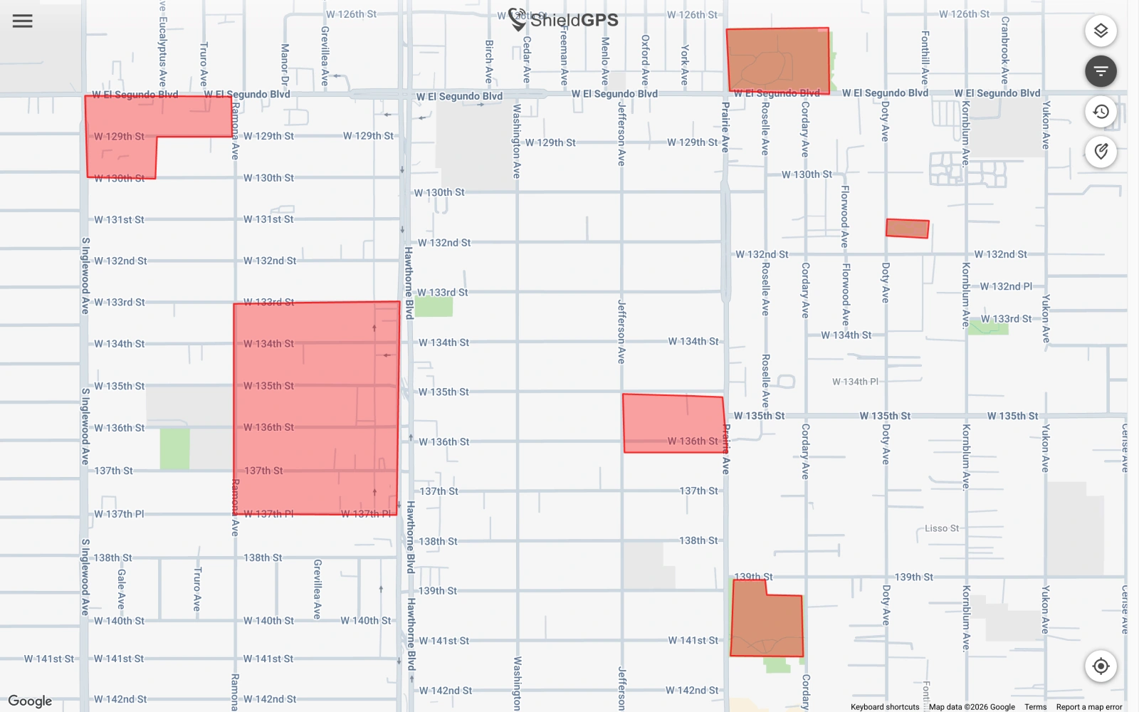 ShieldGPS map showing multiple active geofences highlighted as red boundary areas