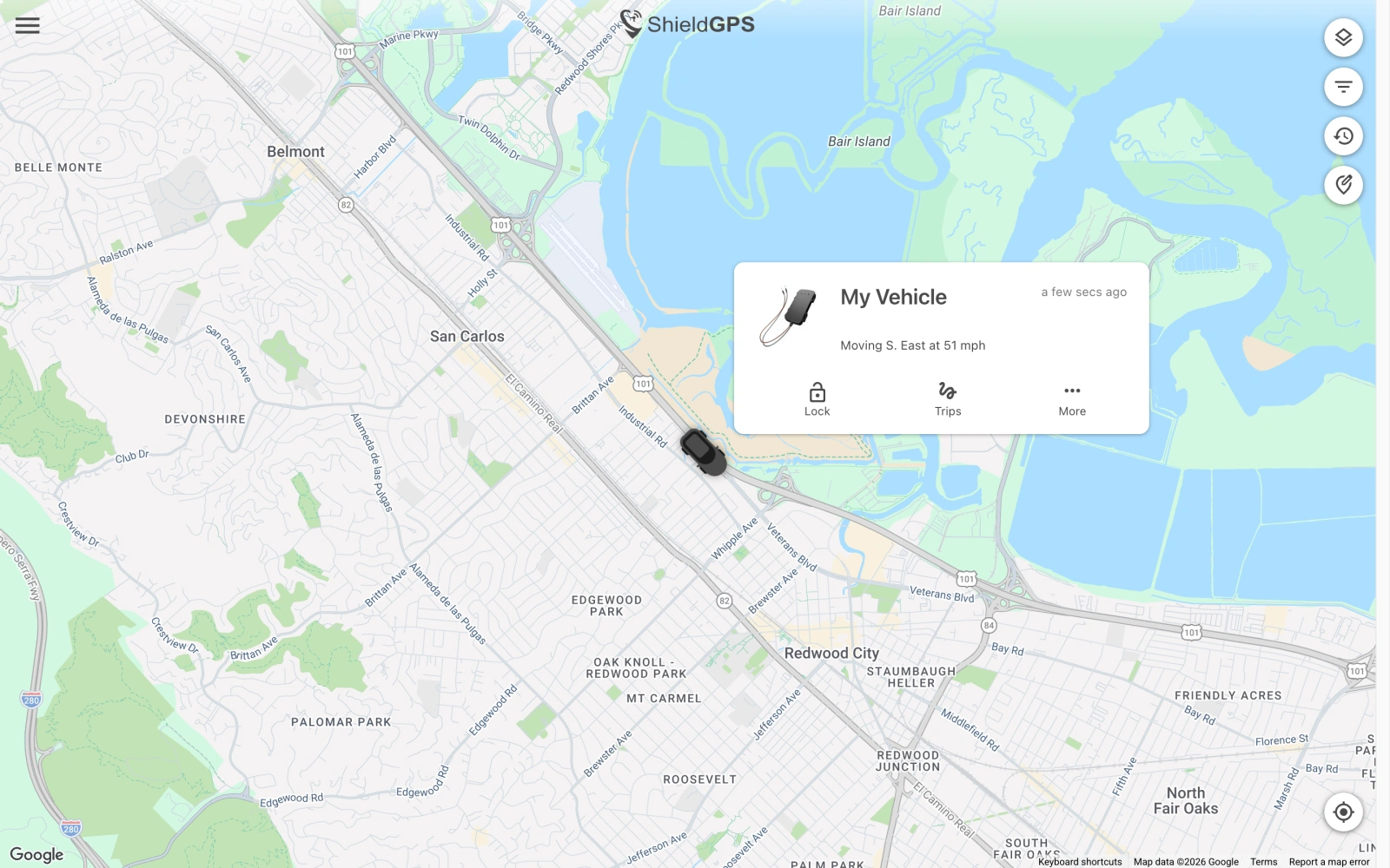 ShieldGPS live tracking map showing a vehicle's current location, movement status, and tracking controls