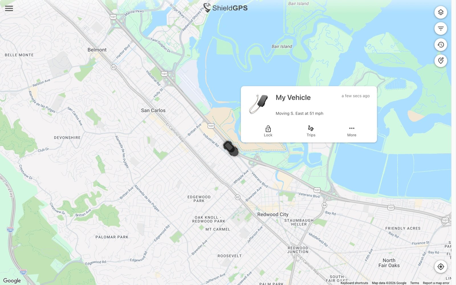 ShieldGPS live tracking map showing a vehicle's current location, movement status, and tracking controls