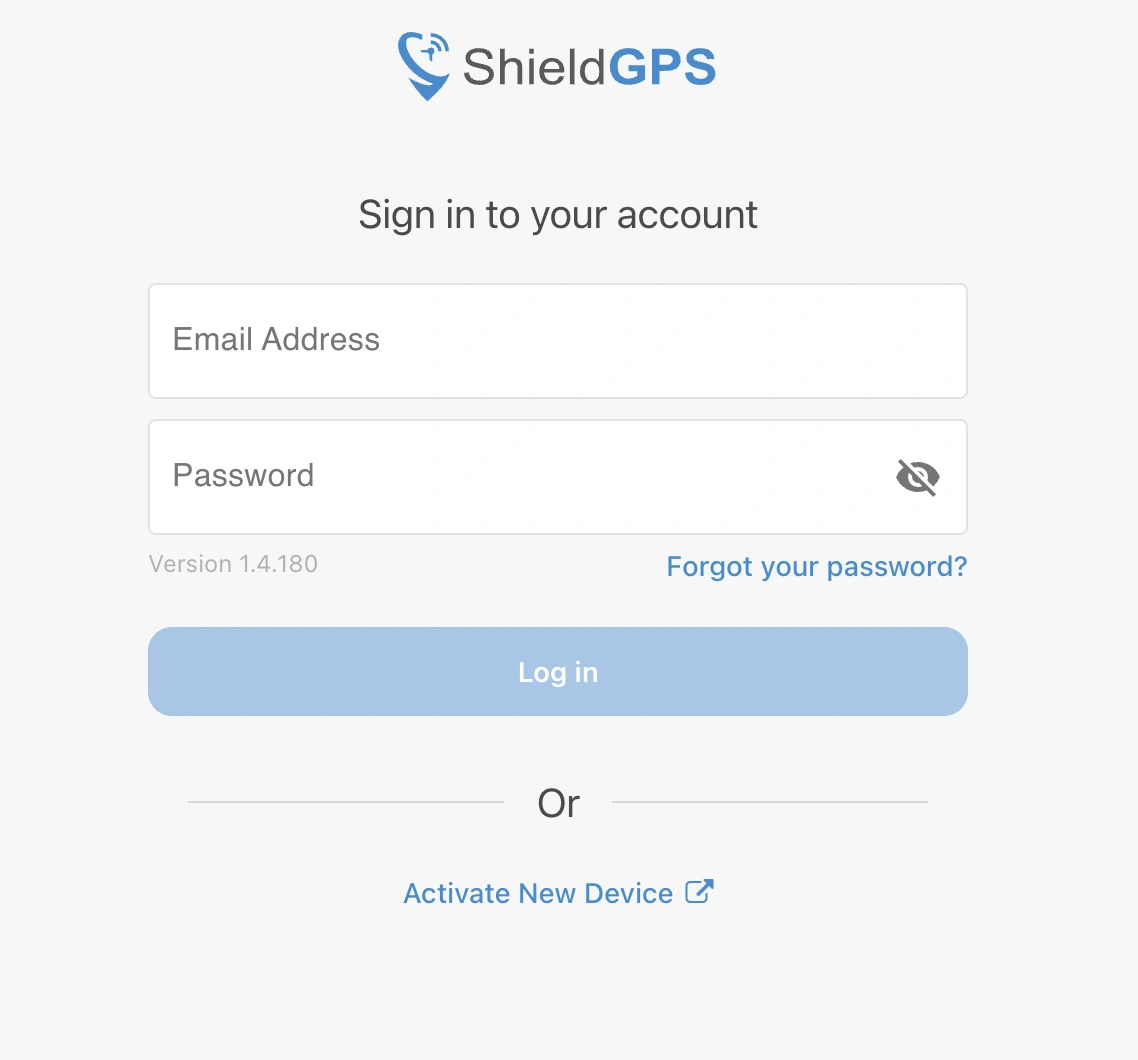 ShieldGPS login screen with email address, password, password reset, and device activation options